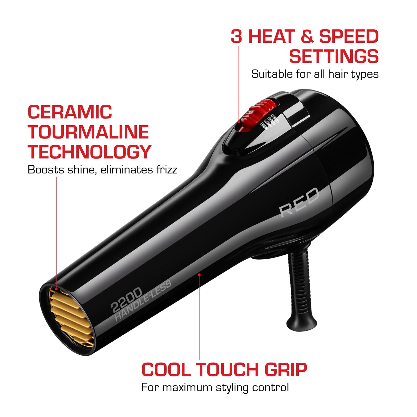 Side profile of the Red by Kiss 2200W ergonomic handleless ionic hair dryer.