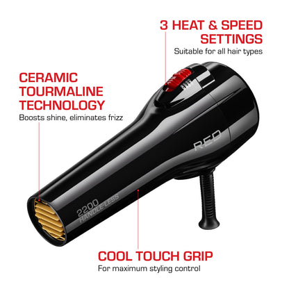 Side profile of the Red by Kiss 2200W ergonomic handleless ionic hair dryer.