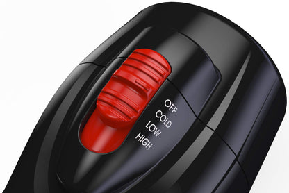 Close-up view of the 3 heat settings and cool shot button on the Red by Kiss professional dryer.