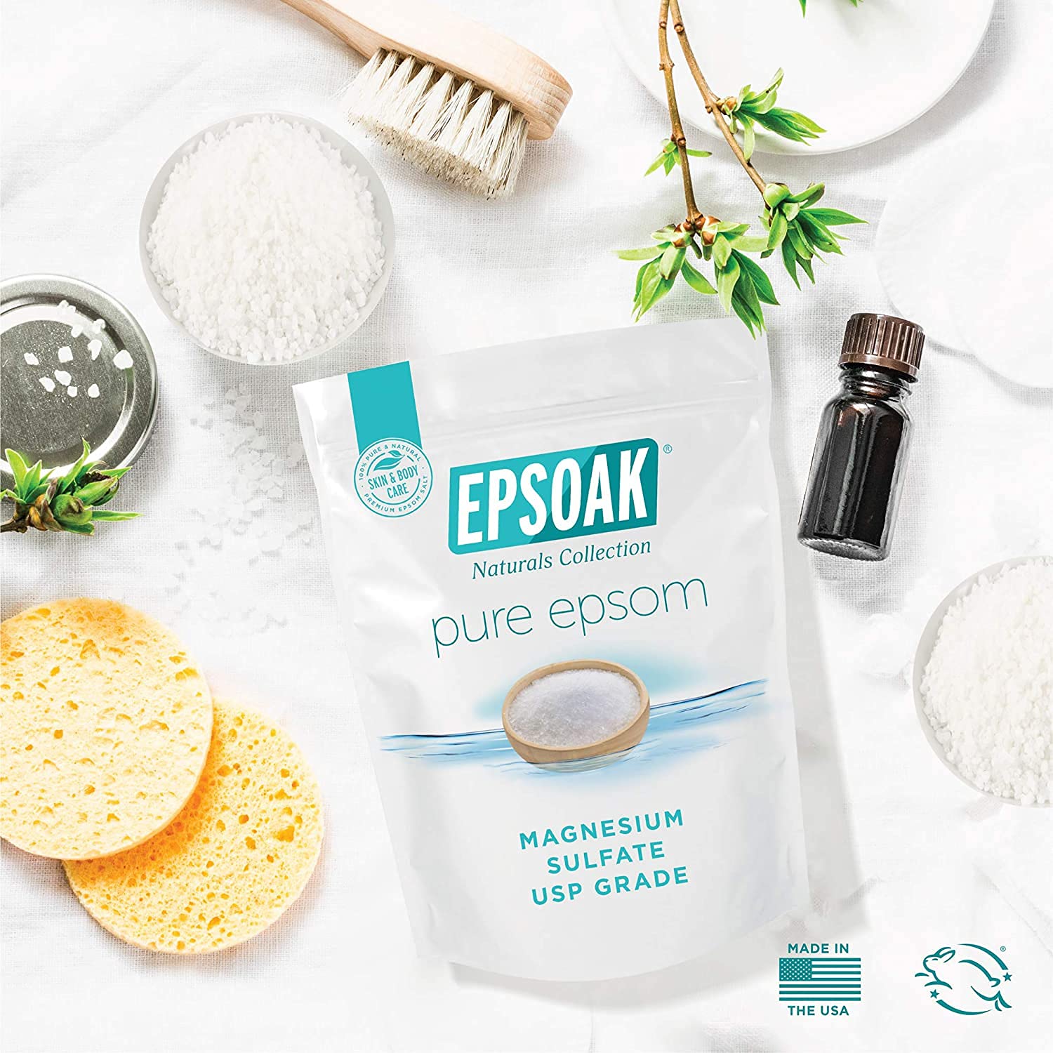 Epsoak Epsom salt being poured into a warm bath