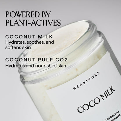 Close up of Herbivore Coconut Milk Bath Soak jar label