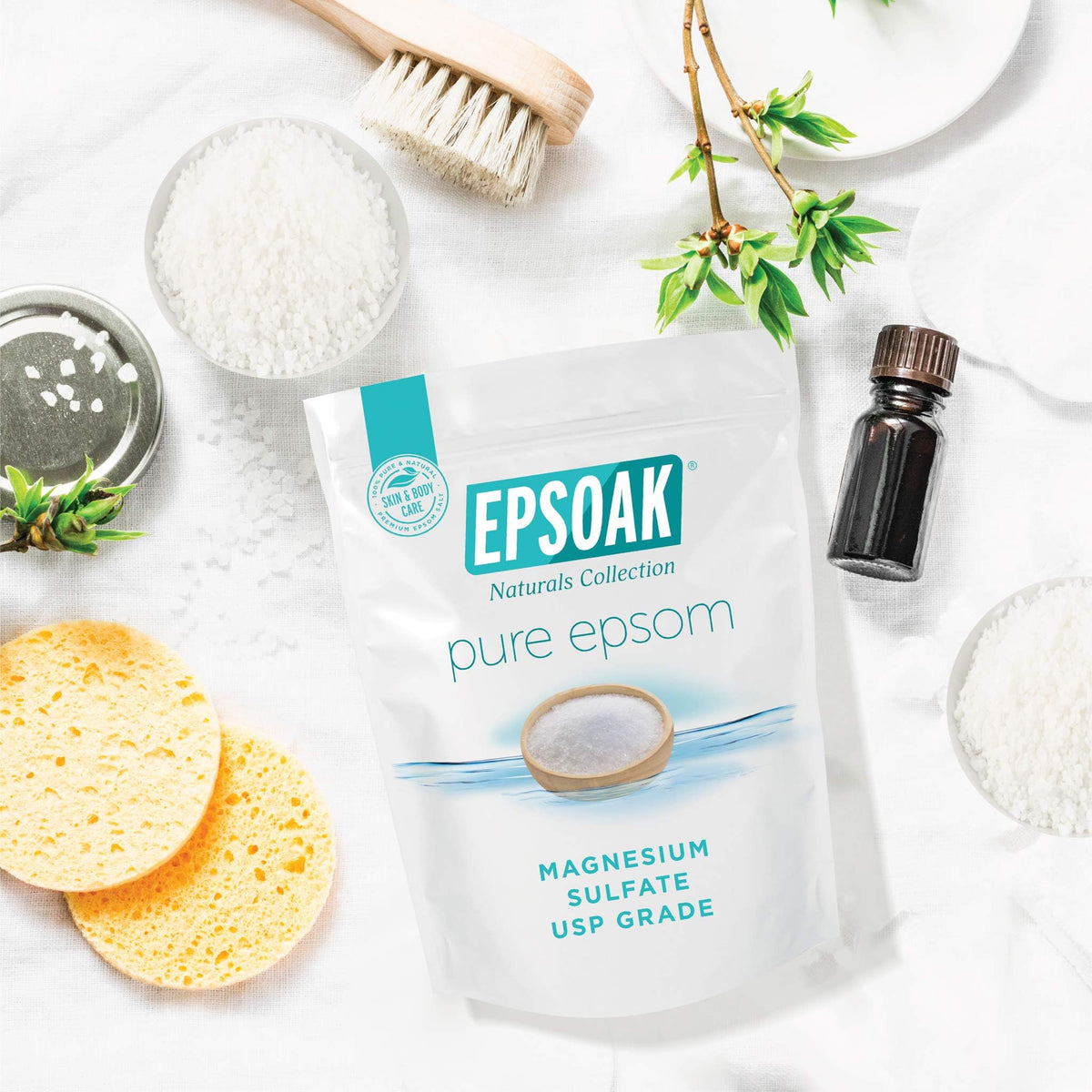 Epsoak Epsom Salt package placed outdoors in a garden setting for plant care use