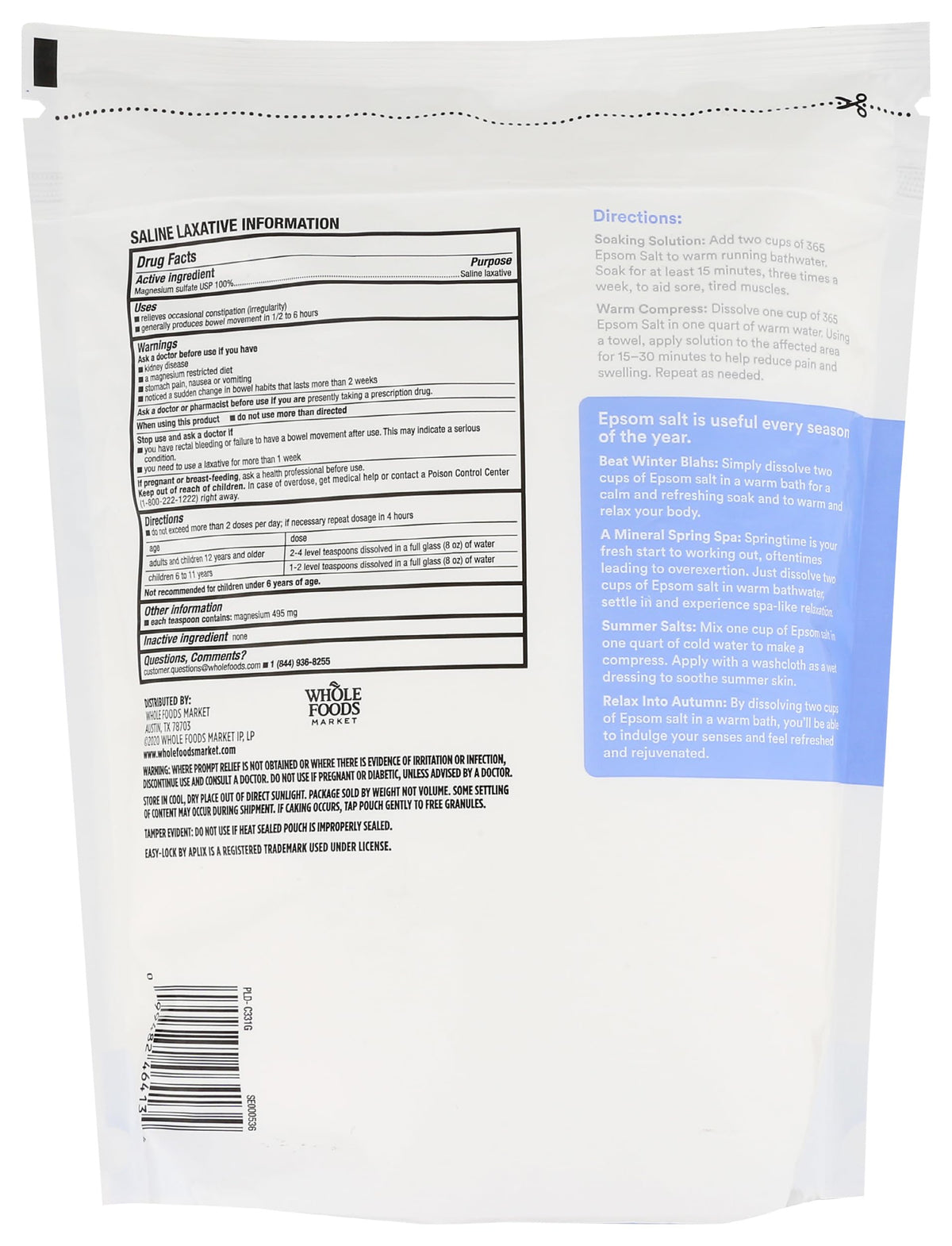 365 by Whole Foods Market first aid epsom salt back label ingredients