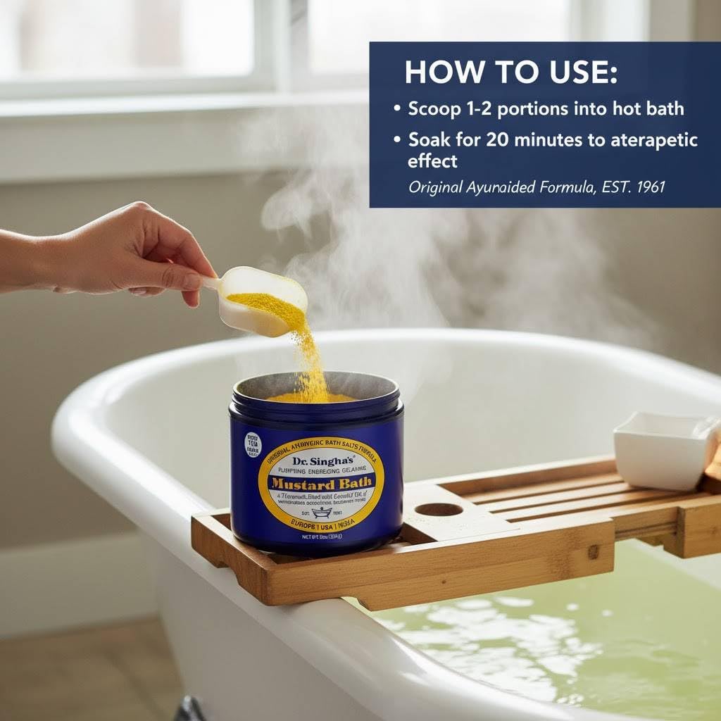 Dr. Singha's mustard bath container with measuring spoon