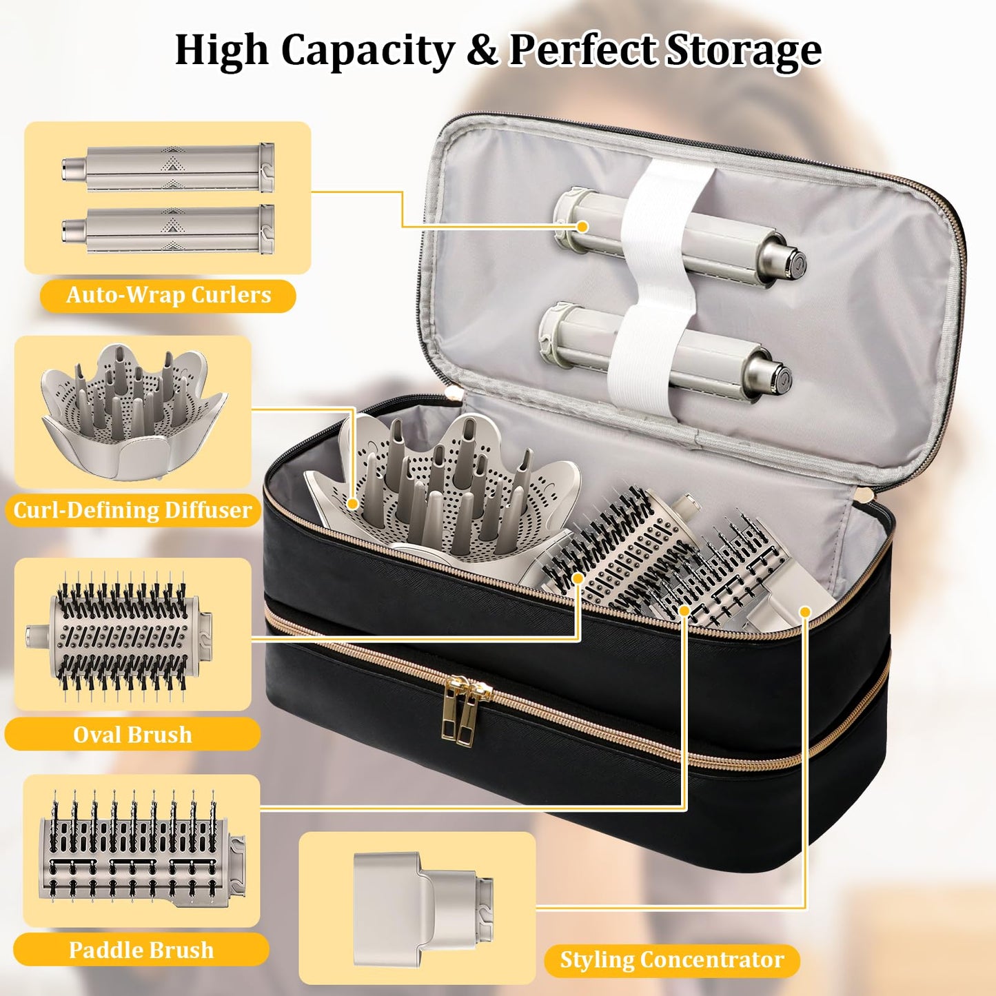 Sambois double layer storage case opened to reveal separate compartments for hair styler attachments