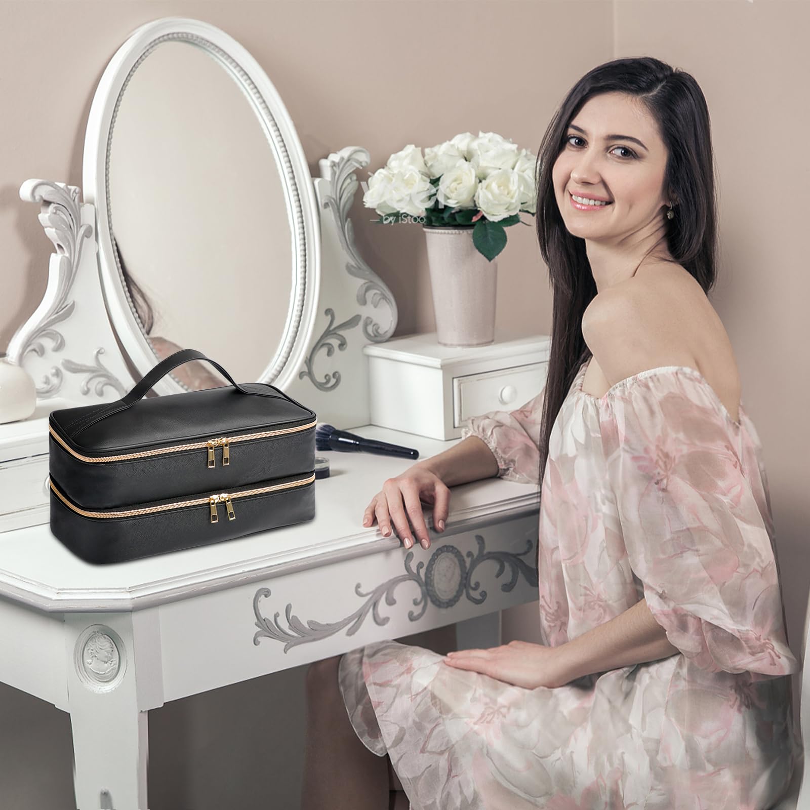 Sambois travel storage case resting on a vanity counter illustrating scratch-proof bottom protection