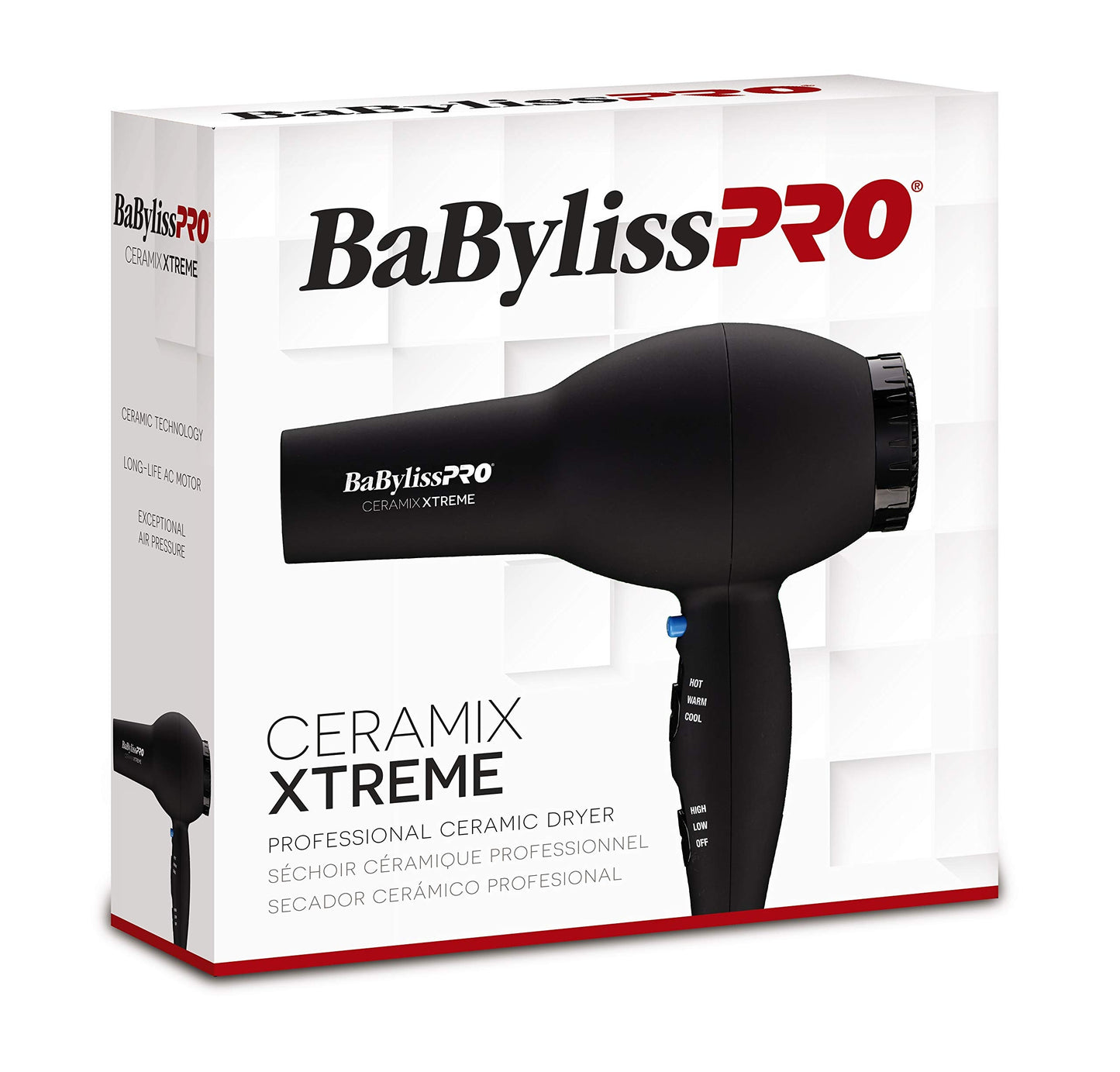 Side angle of the 2000-watt porcelain ceramic blow dryer showing the control switches.