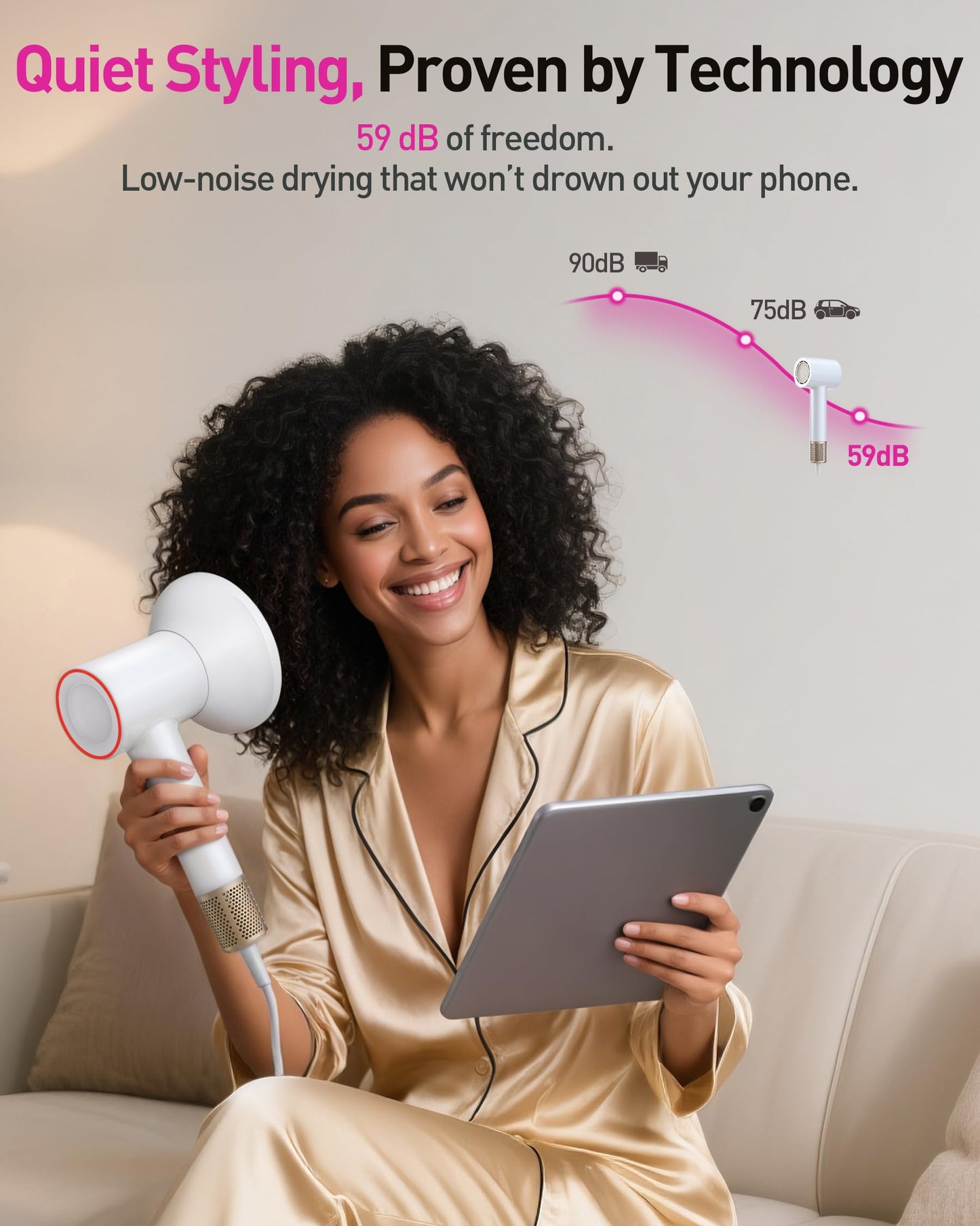Zibtes white and gold hair dryer held by a person showing ergonomics