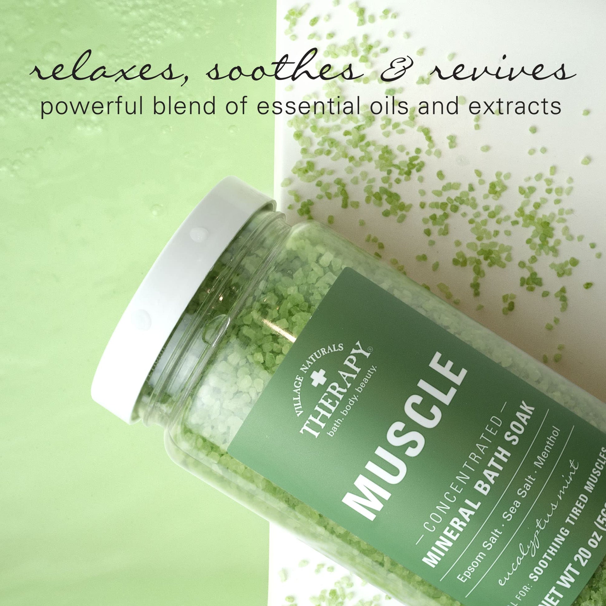 Close up of Village Naturals Therapy mineral crystals and eucalyptus mint scent