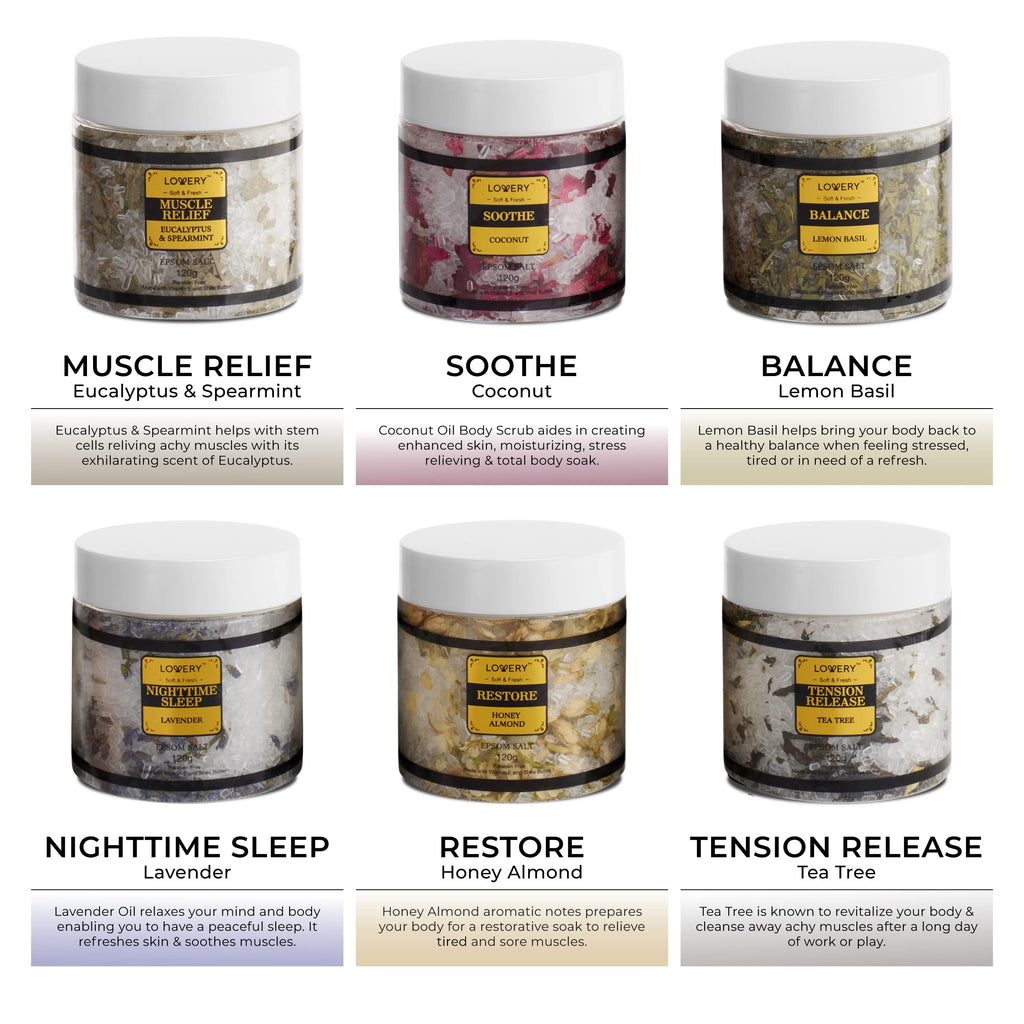 Label details on Lovery essential oil bath salt jars