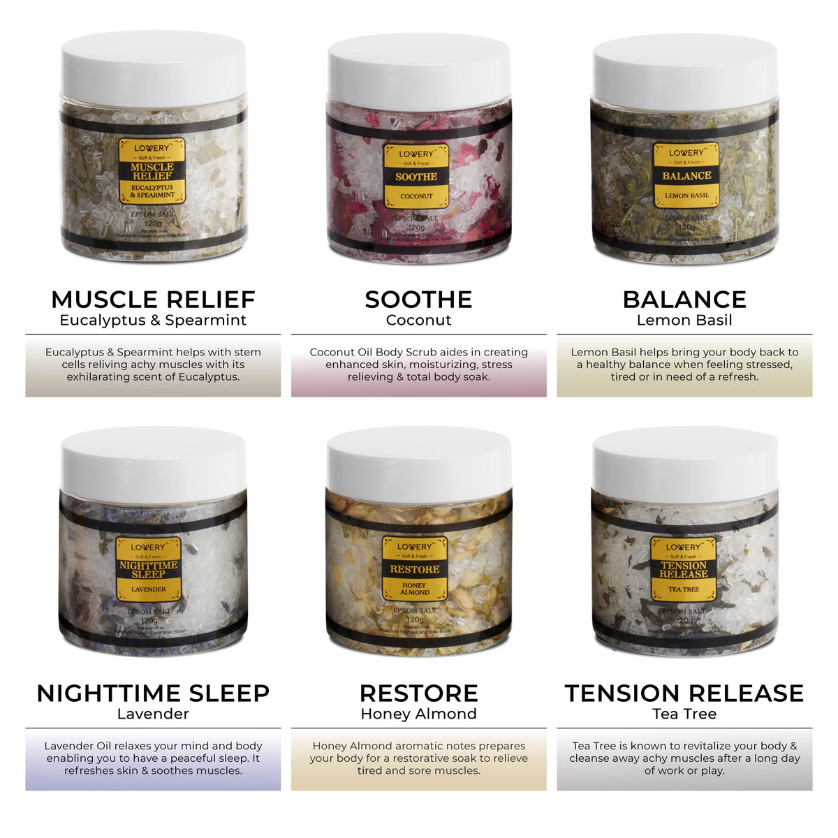 Label details on Lovery essential oil bath salt jars
