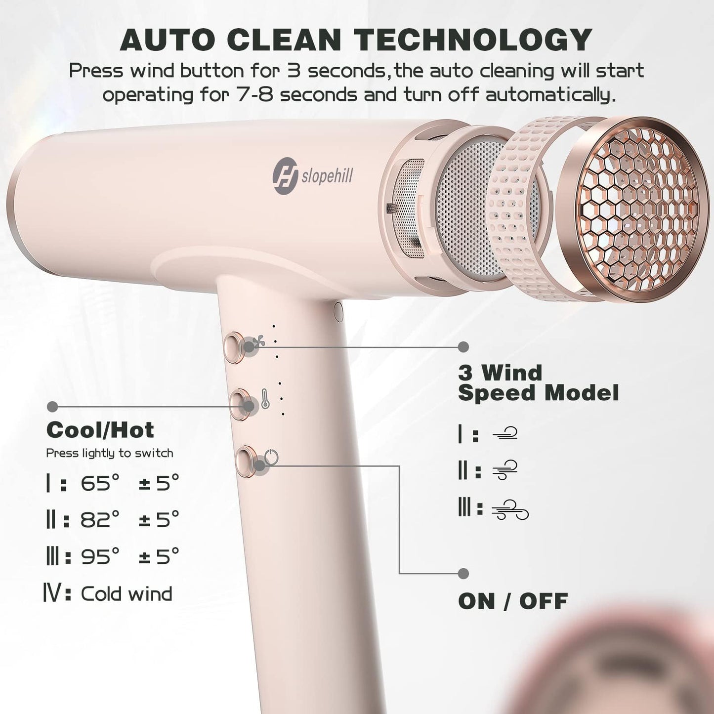 Slopehill lightweight compact hairdryer in ceramic pink showing the sleek handle control buttons for speed and temperature adjustment.