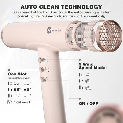 Slopehill lightweight compact hairdryer in ceramic pink showing the sleek handle control buttons for speed and temperature adjustment.