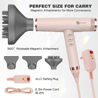 Slopehill professional salon quality blow dryer showing the dual concentrator nozzle attachments side by side.