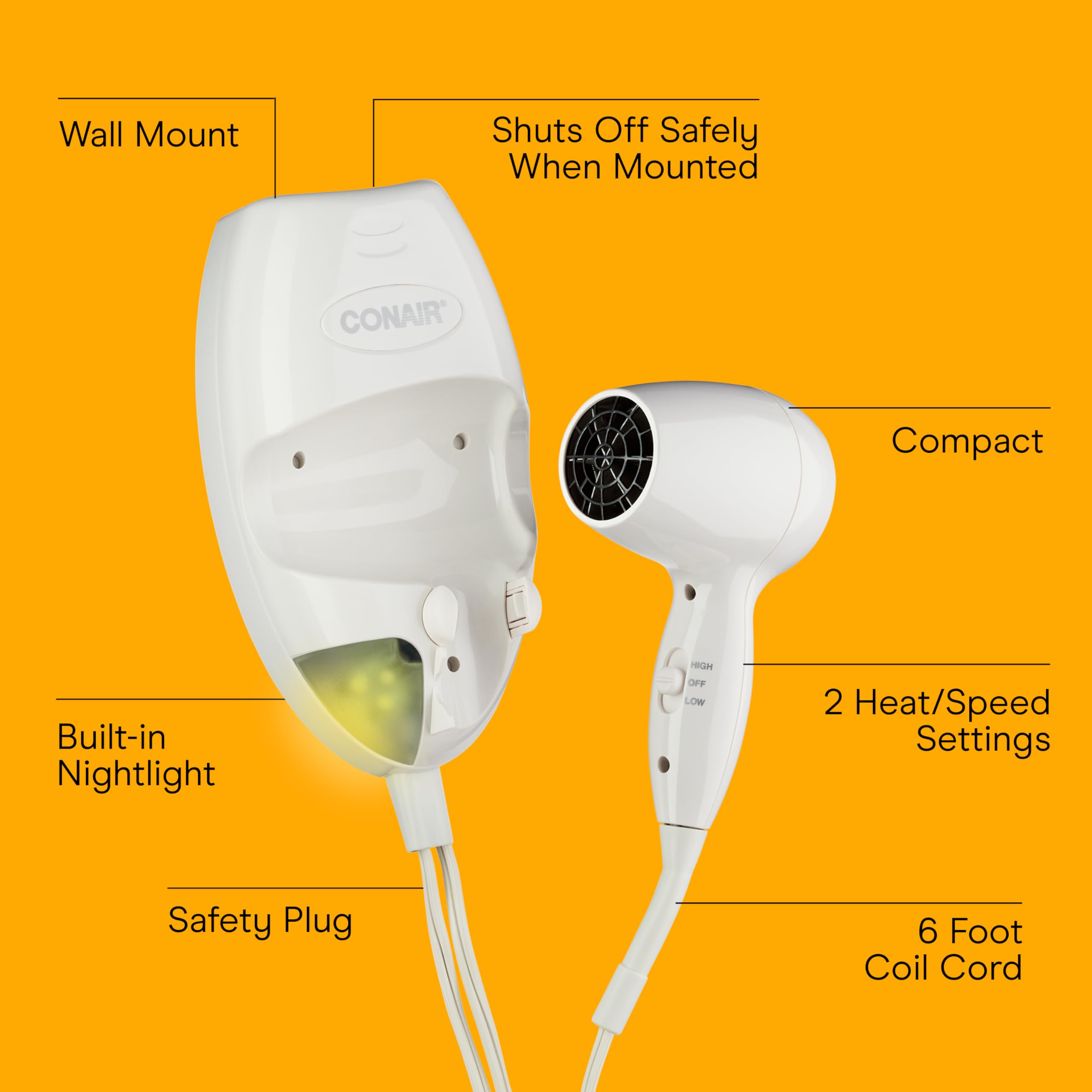 Conair 1600 Watt compact blow dryer showing the dual heat and speed switches on the ergonomic handle