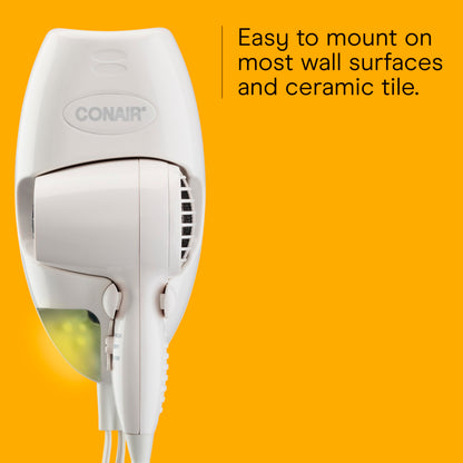 Close up view of the durable wall mounting plate and included hardware accessories for the Conair blow dryer