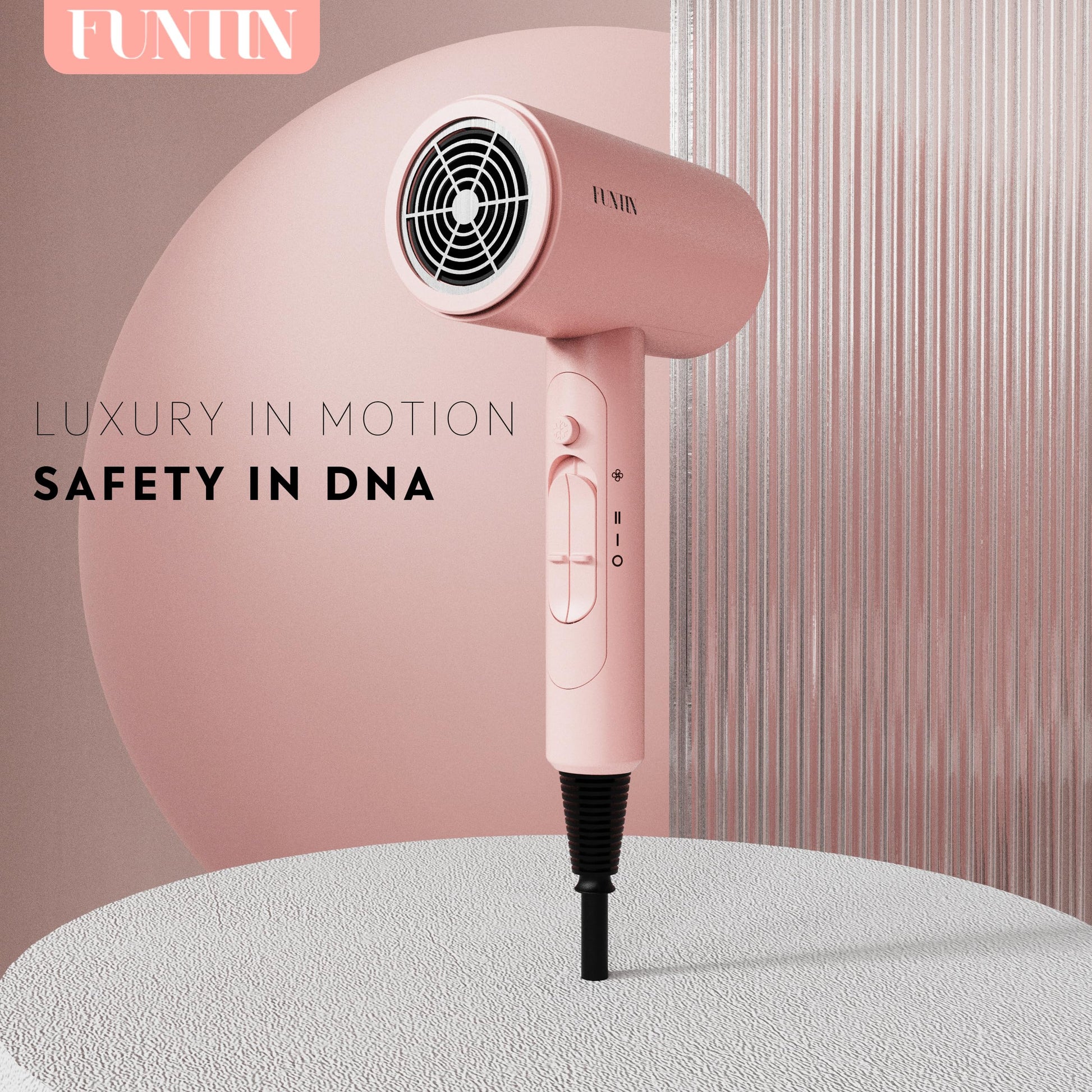 Funtin baby pink hair dryer showing the interactive heat control buttons and cool shot switch