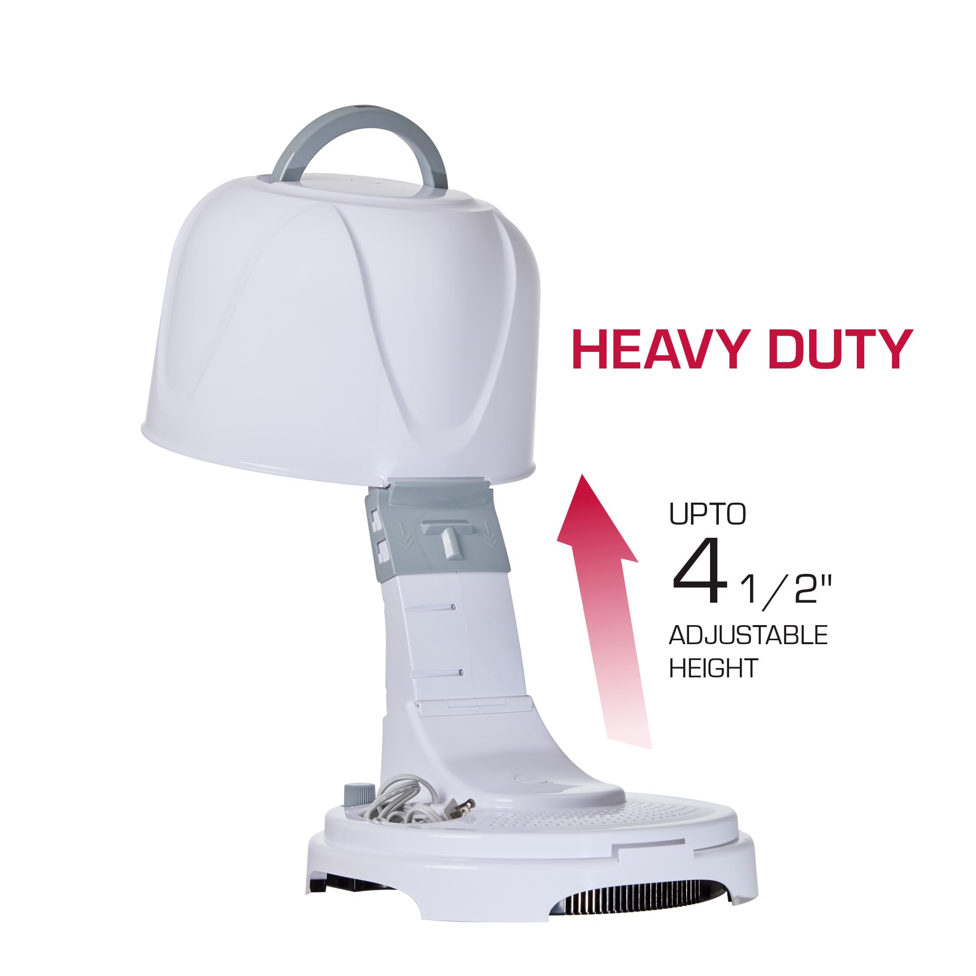 Red by Kiss professional salon bonnet hair dryer showing the close-up of the height adjustment mechanism