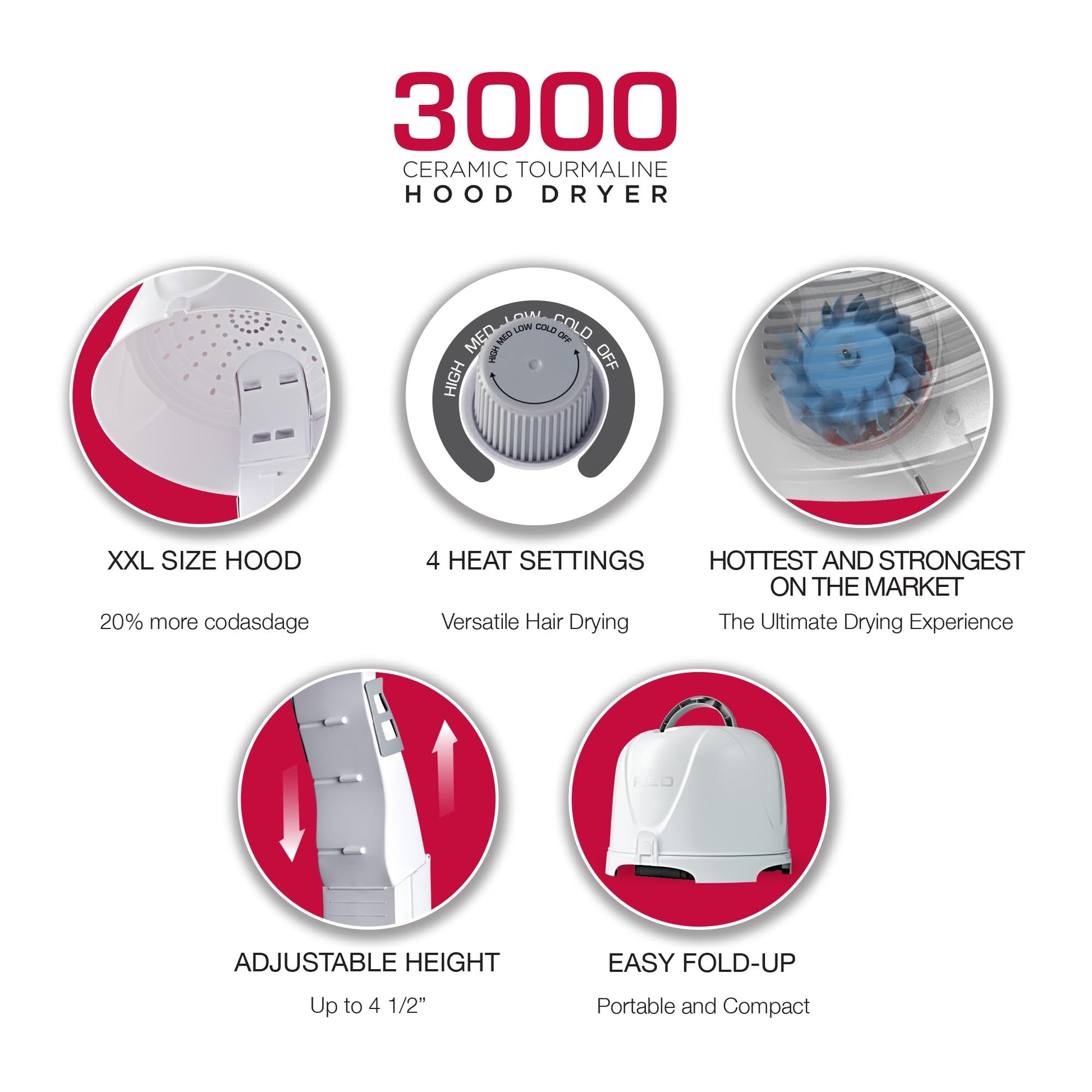 Red by Kiss 1875W professional hair dome displaying the integrated four temperature setting control dial