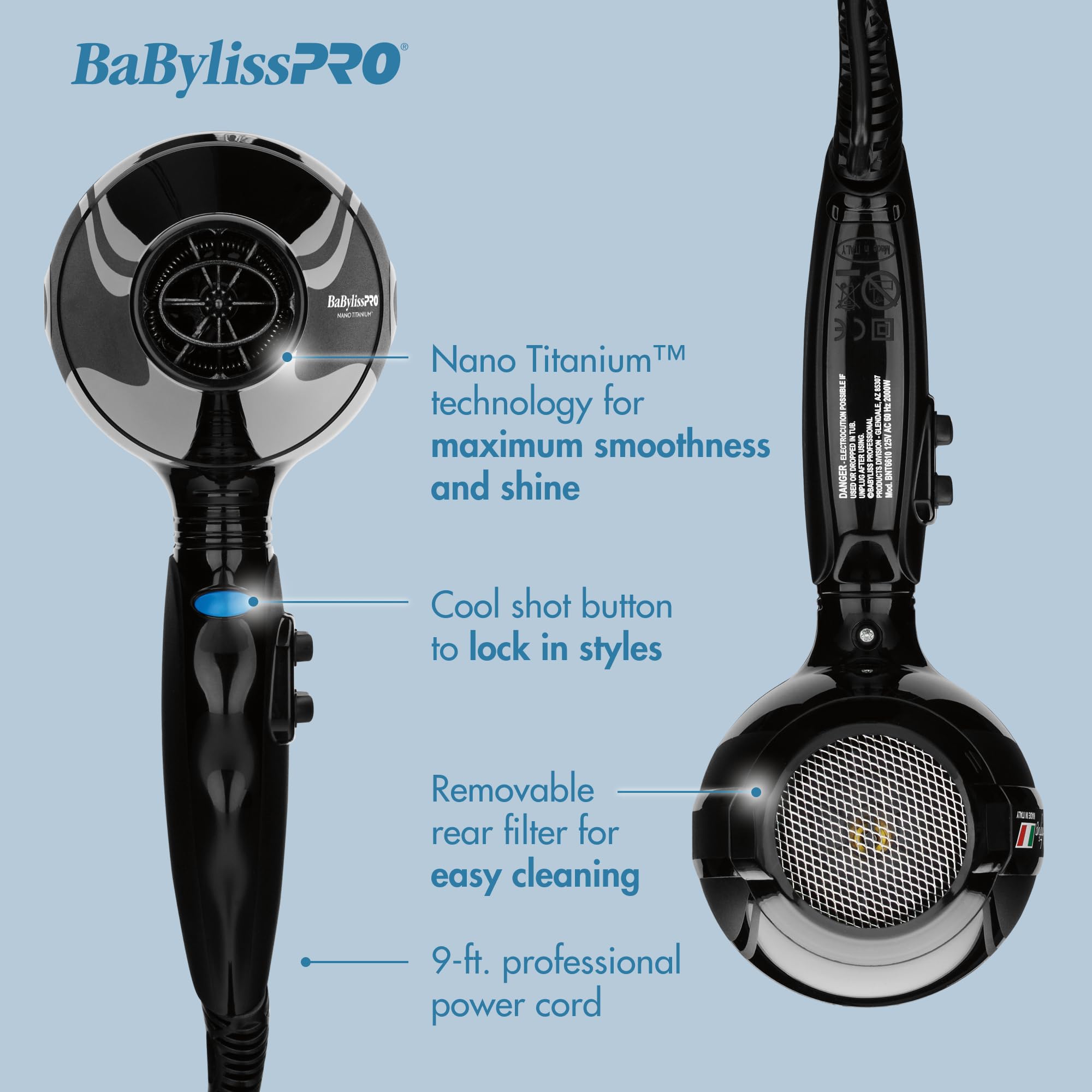 Side angle profile of the BaBylissPRO Portofino blow dryer highlighting the ergonomic handle and controls.