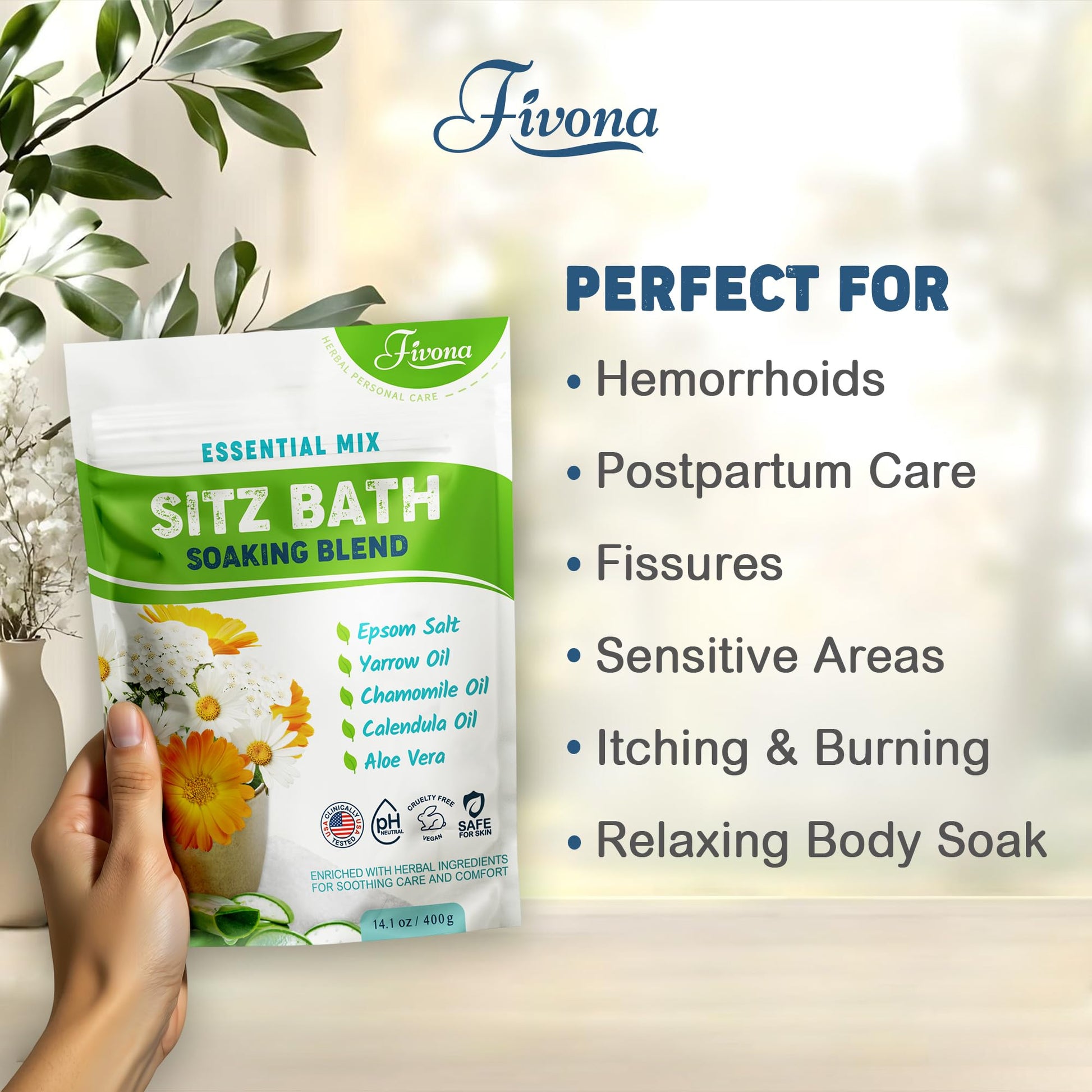 Fivona Epsom salt soak packaging for hemorrhoid care