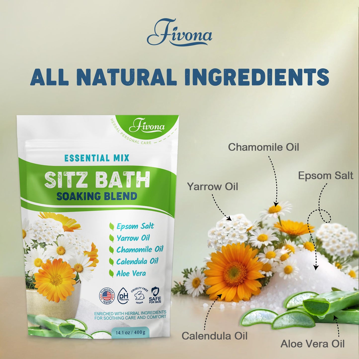 Close up of Fivona natural essential oil bath salt blend