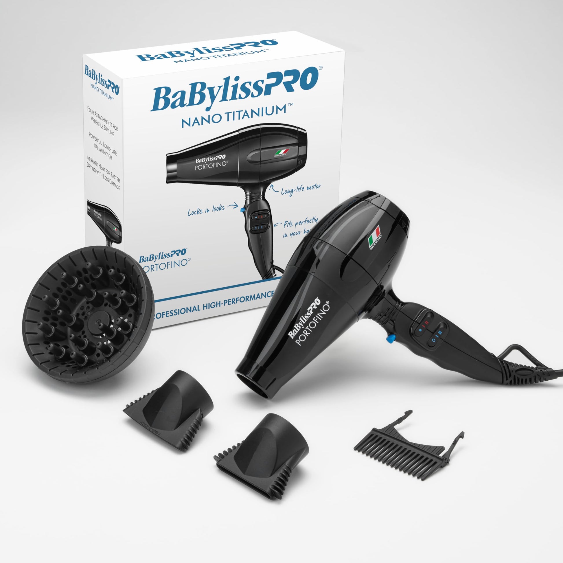 Rear intake view of the heavy-duty 2000-watt Italian motor housing on the BaBylissPRO blow dryer.