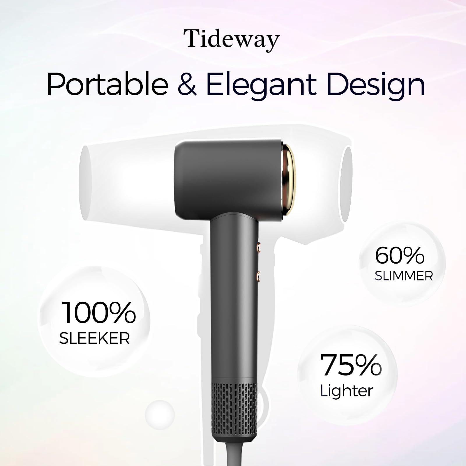 Tideway professional travel friendly lightweight hair dryer angled view