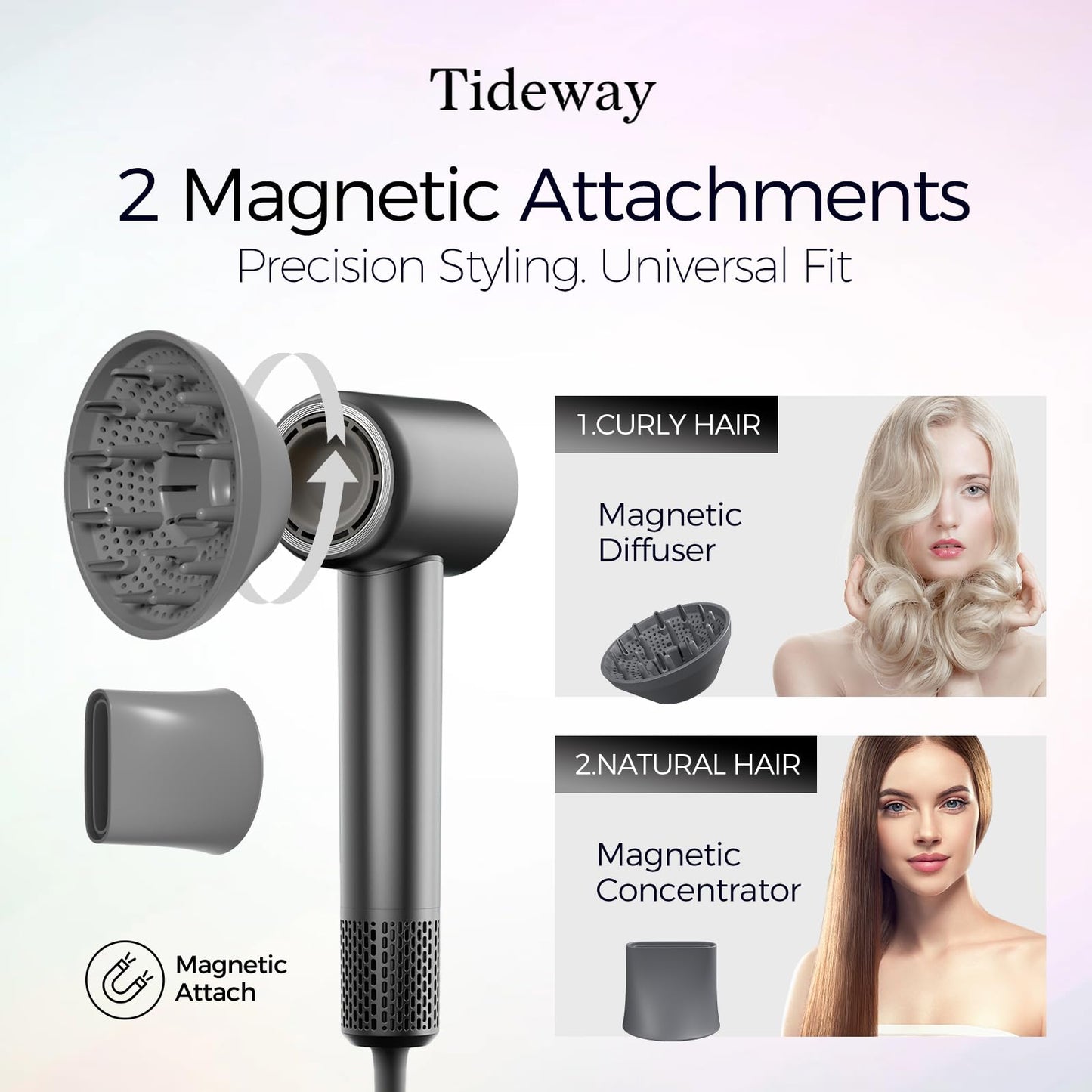 Tideway grey and rose gold blow dryer with premium magnetic styling concentrator attached