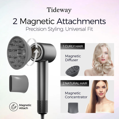 Tideway grey and rose gold blow dryer with premium magnetic styling concentrator attached
