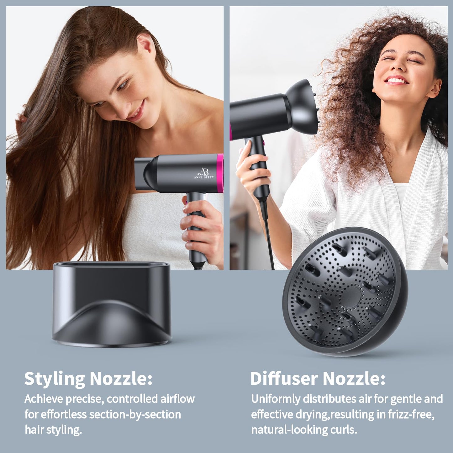 ANNE BETTY hair styling kit including the ionic dryer, concentrator nozzle, and curl diffusing attachment