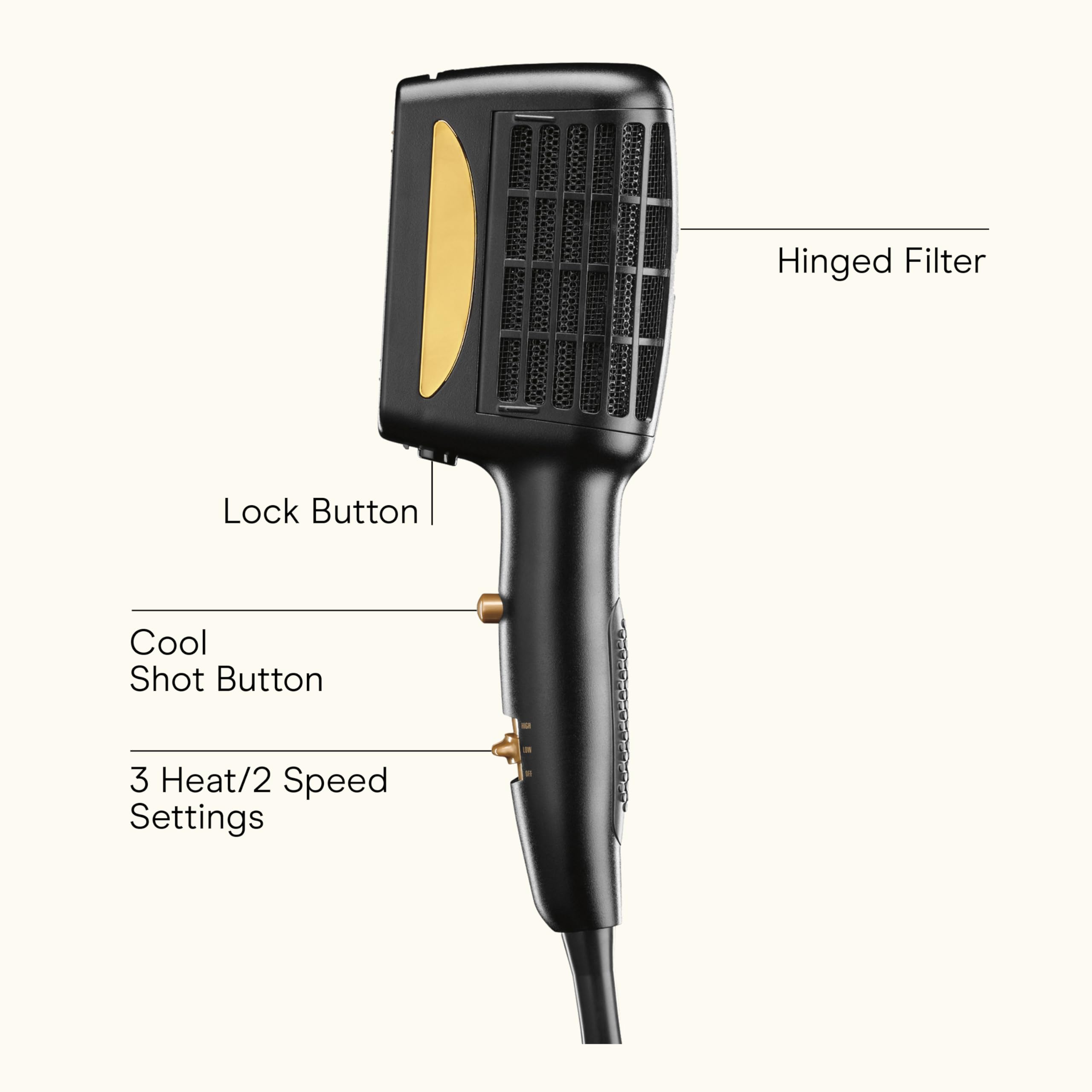 Conair 1875W ionic blow dryer showcasing the interchangeable bristle styling brush attachment attached