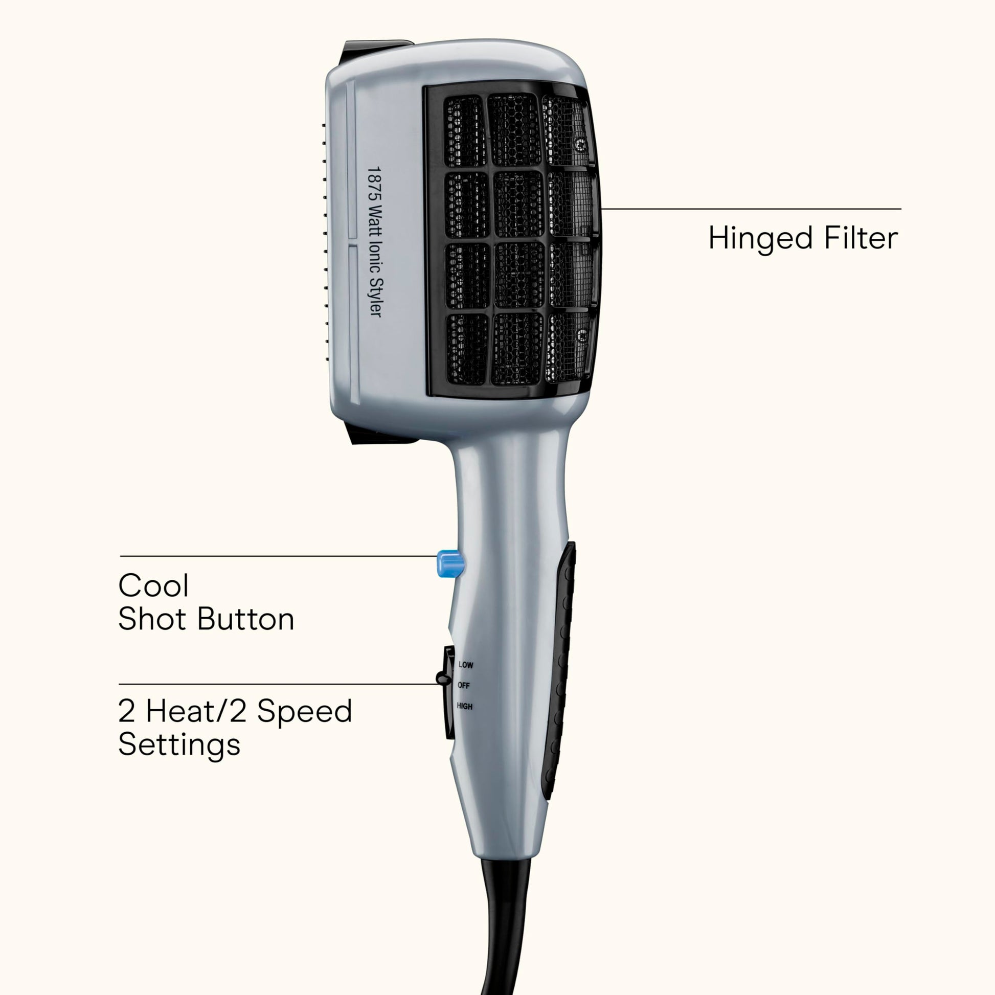 Conair 1875 watt hair dryer with its three styling comb and bristle brush attachments displayed