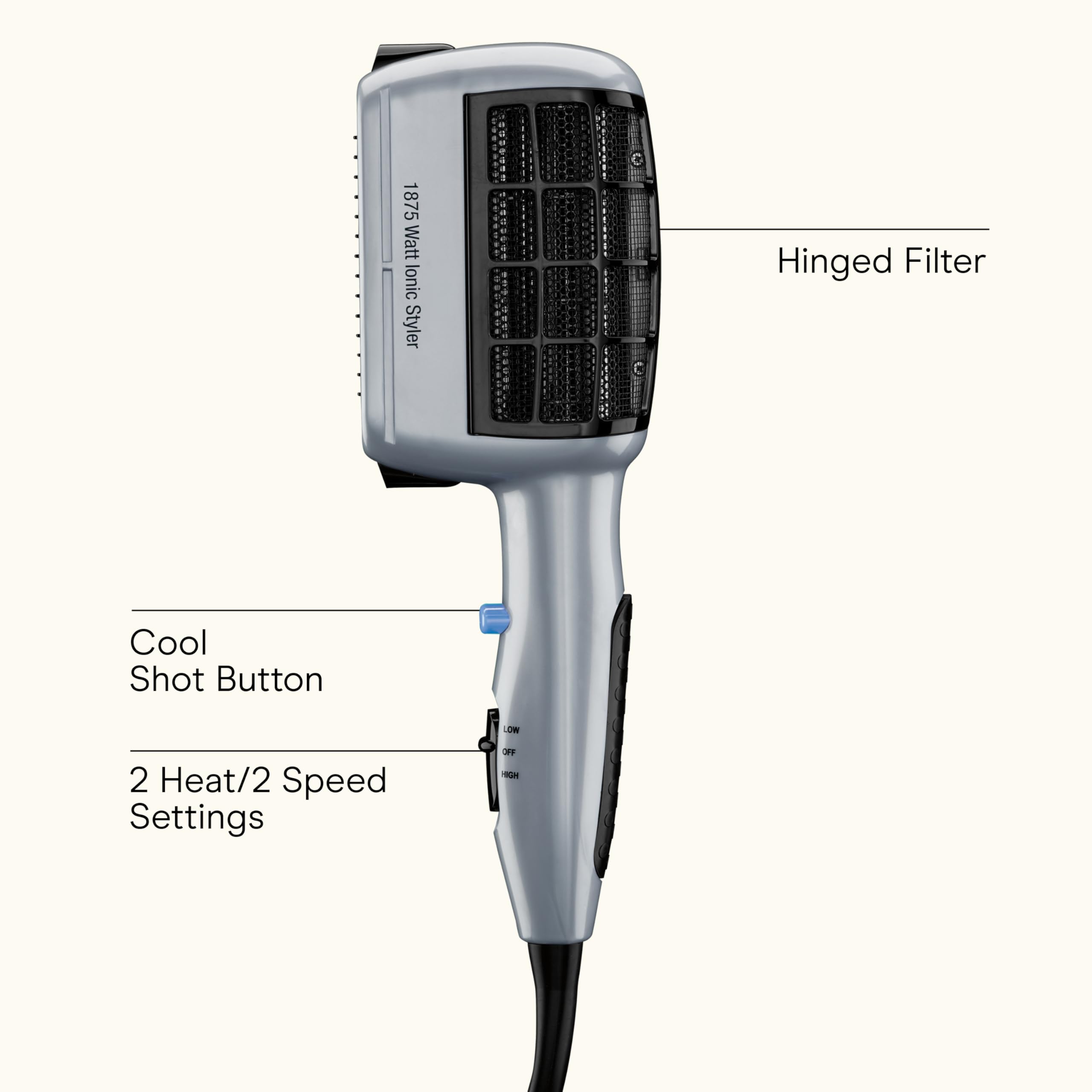 Conair 1875 watt hair dryer with its three styling comb and bristle brush attachments displayed