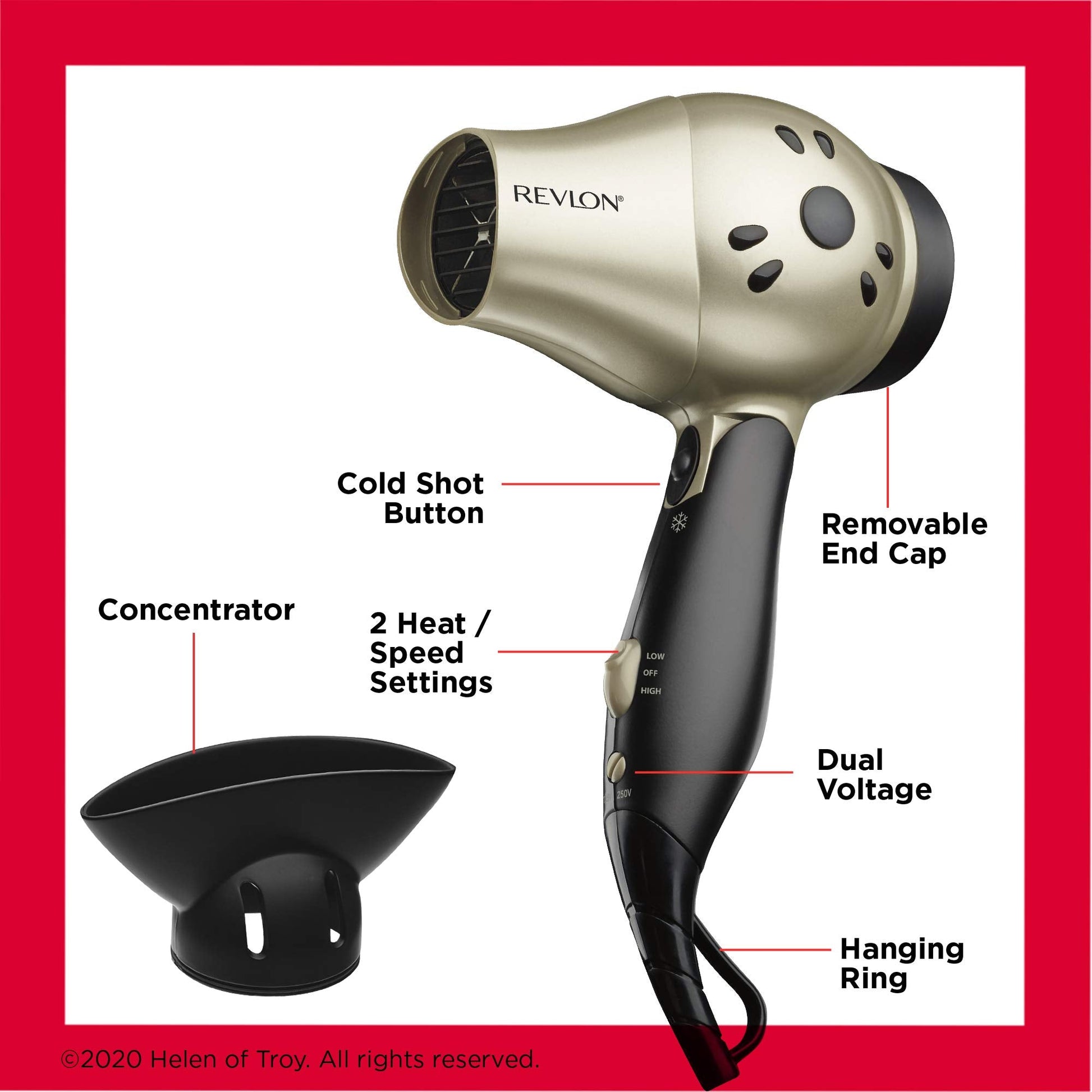 Revlon 1875 watt lightweight blow dryer next to a travel luggage bag