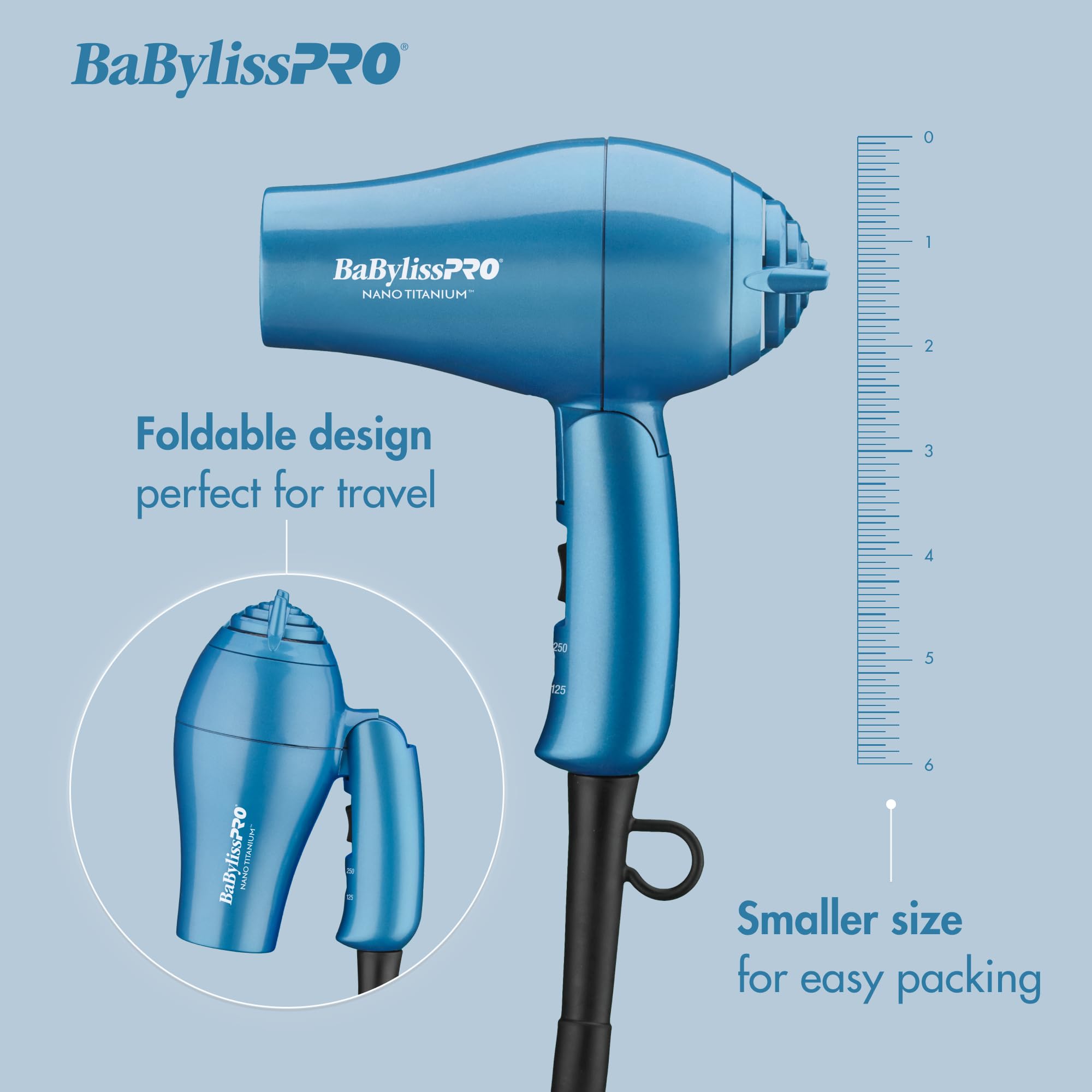 BaBylissPRO professional portable blow dryer with handle folded down to illustrate space-saving travel capabilities.