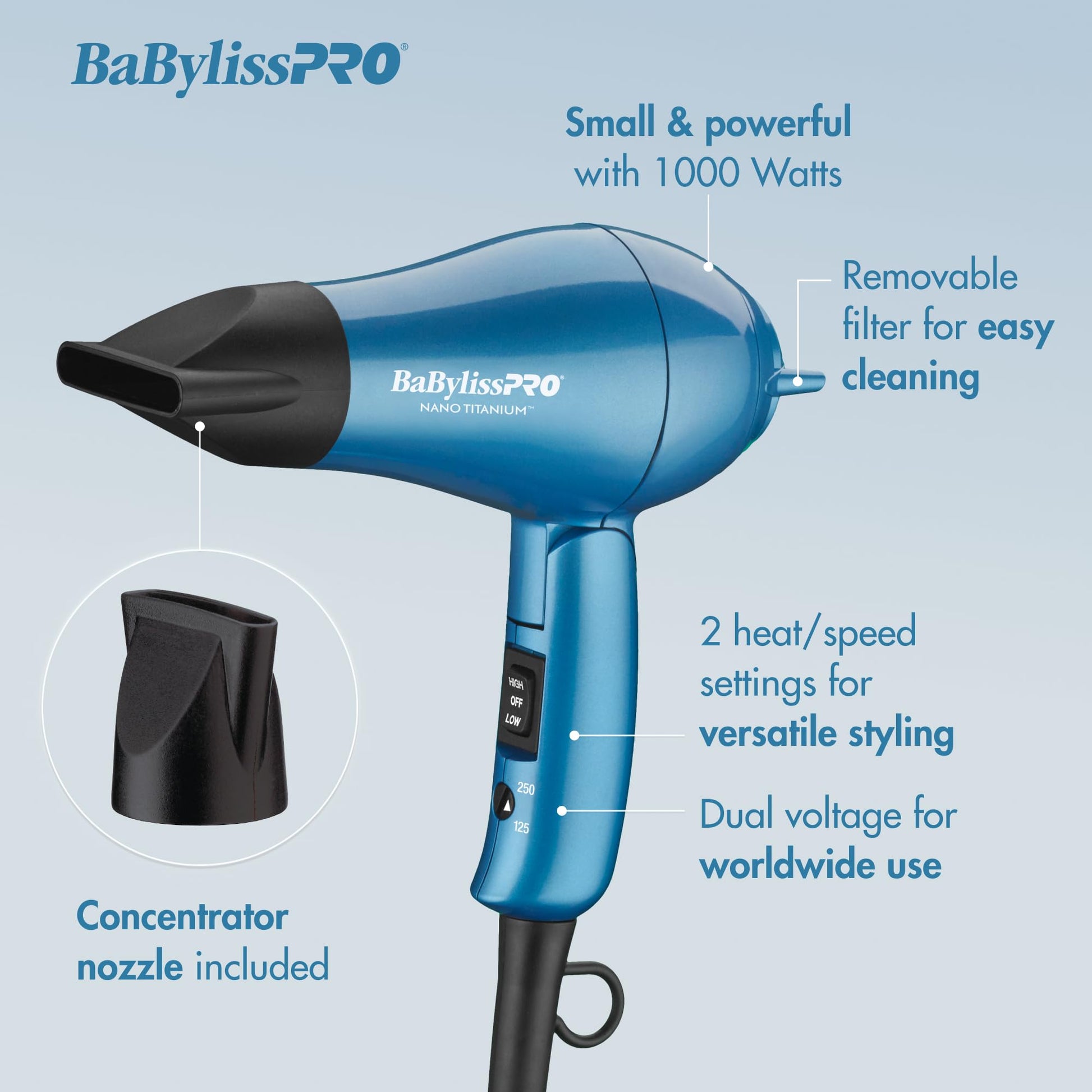 Side profile of BaBylissPRO 1000 Watt travel hair dryer highlighting the sleek metallic finish and intake grill.