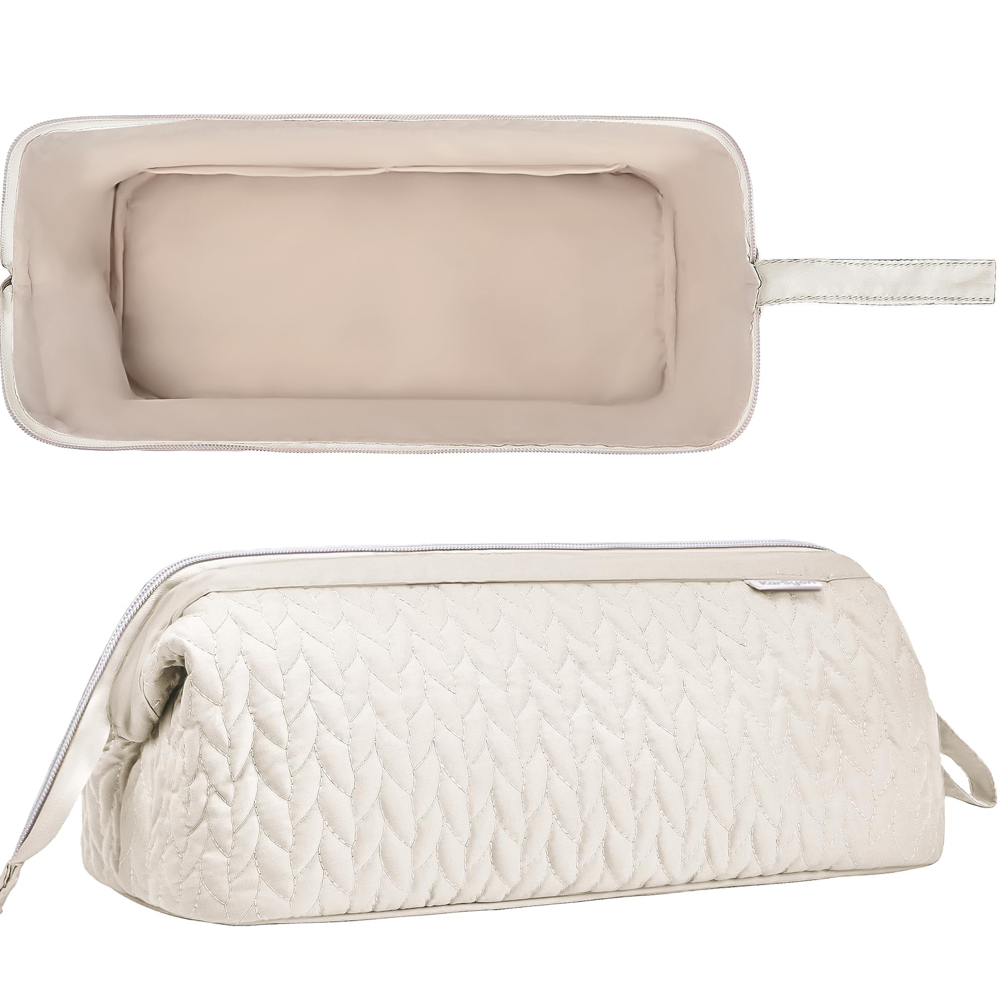 Beige quilted carrying pouch open wide showing internal space for hair accessories.