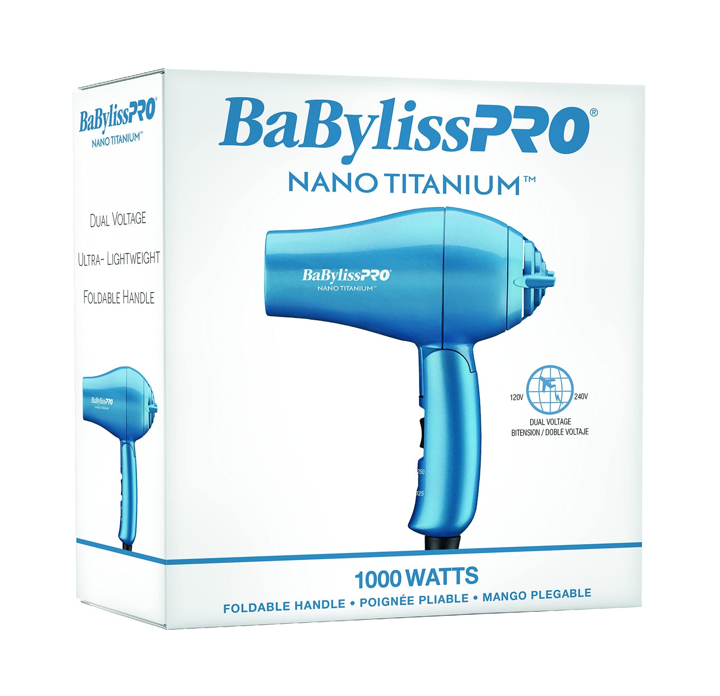 Ergonomic handle structure of the BaBylissPRO compact blow dryer displaying the speed adjustments and brand logo.
