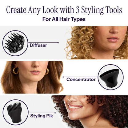 HOT TOOLS rainbow ionic hair dryer shown with the included finger diffuser attachment connected