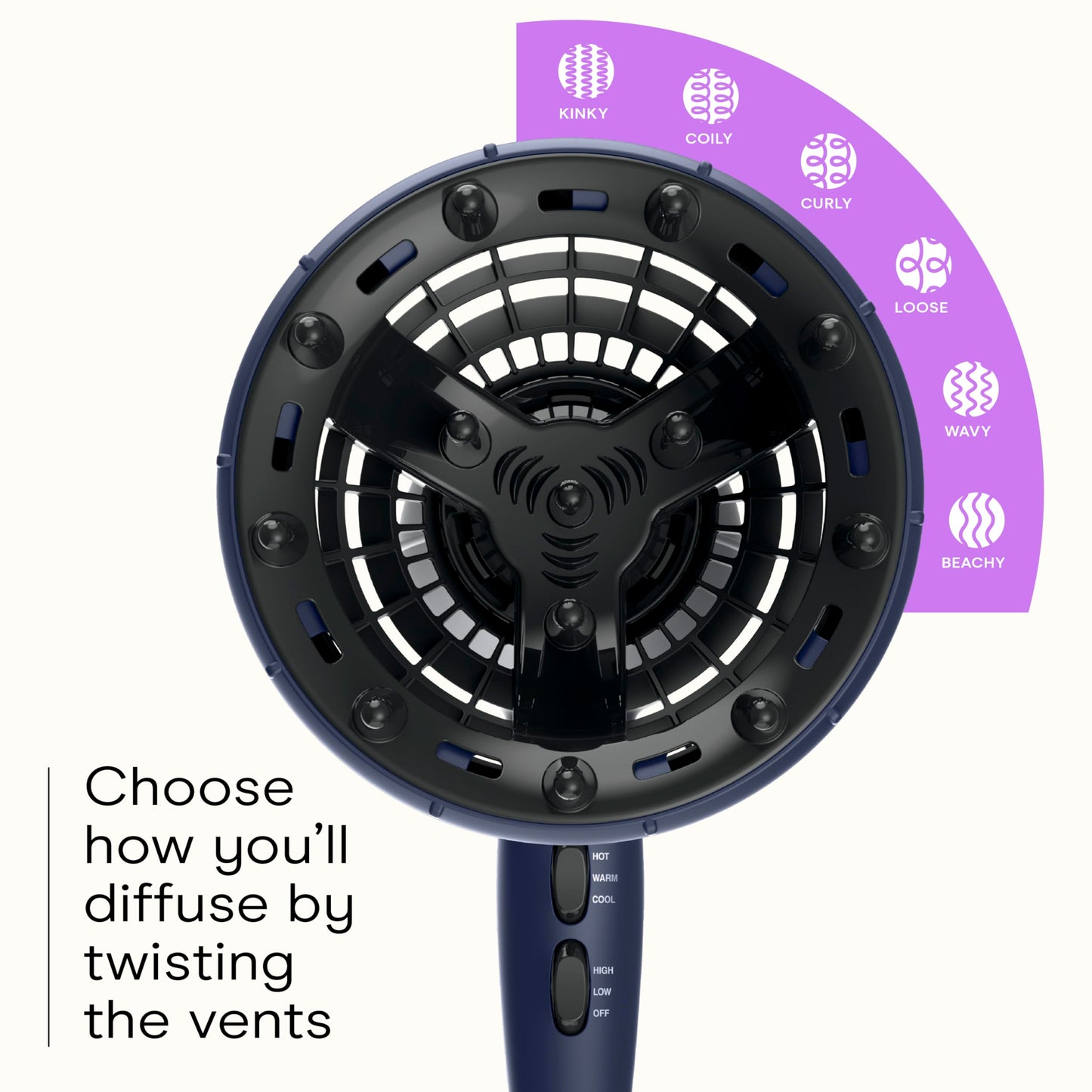 Side profile of the dark blue Conair InfinitiPRO 1875 Watt hair dryer highlighting the ergonomic handle and heat control switches