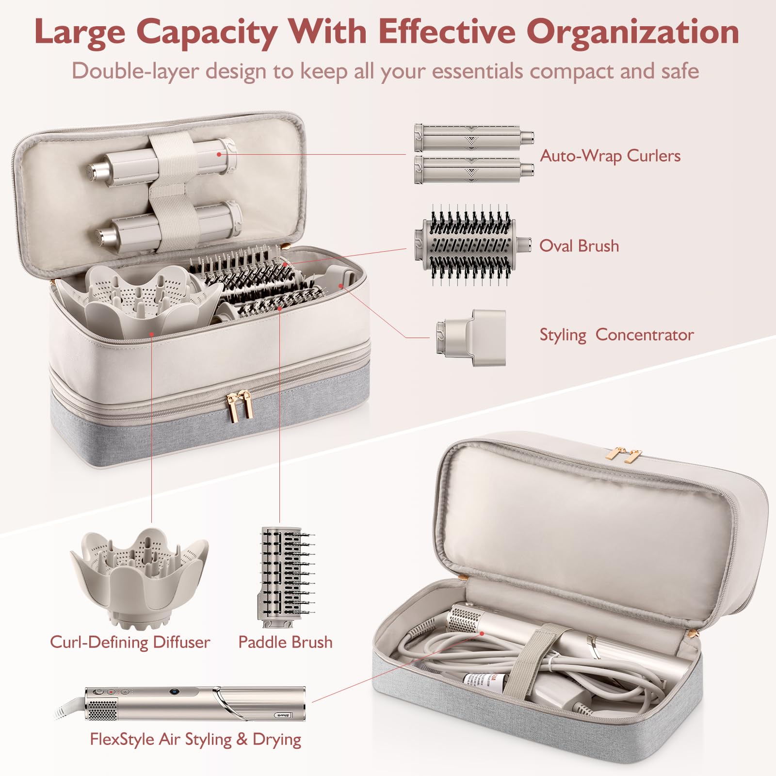 Adworte double layer hair tool storage bag opened showing top compartment straps