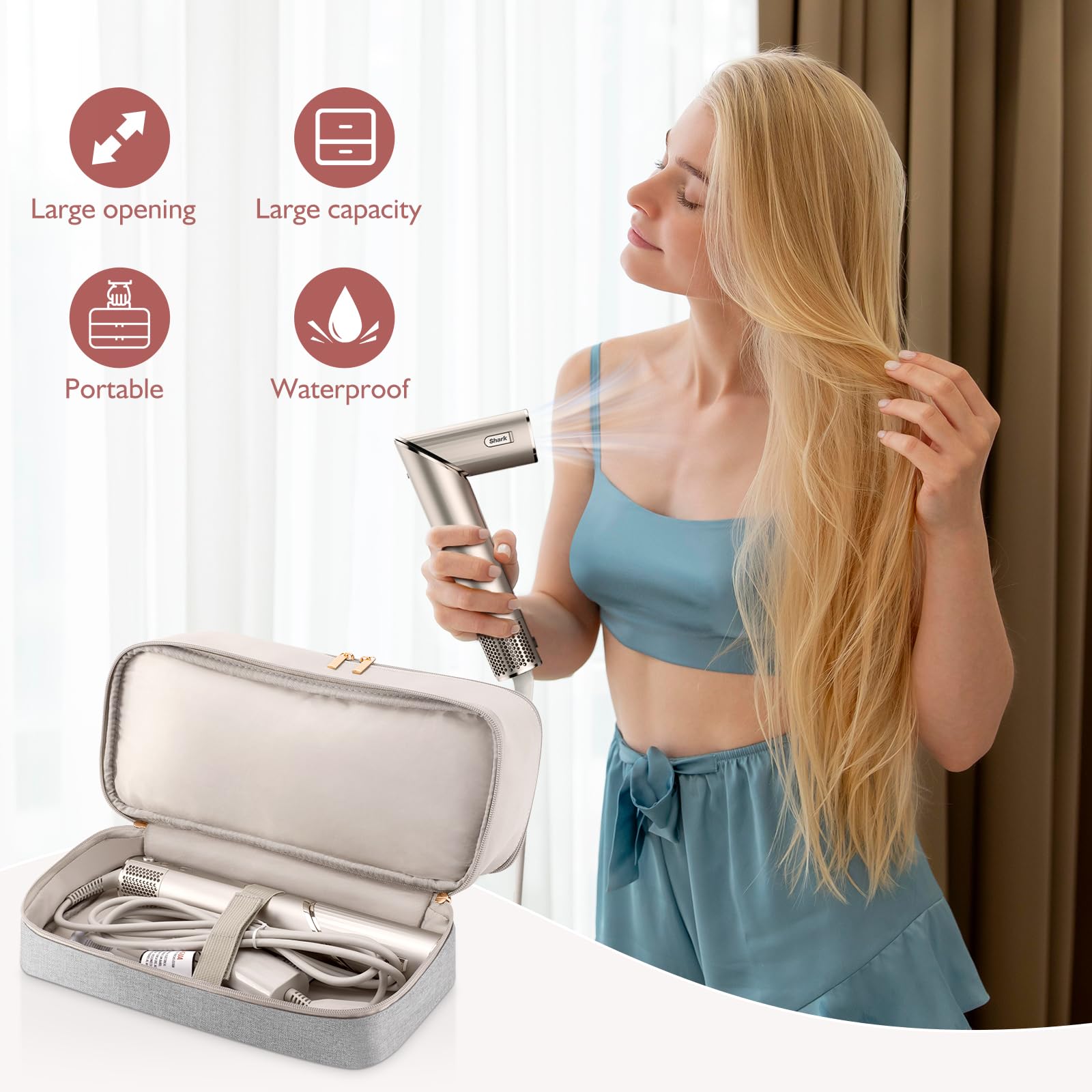 Adworte portable cosmetics bag showing the top carry handle and double zipper closure