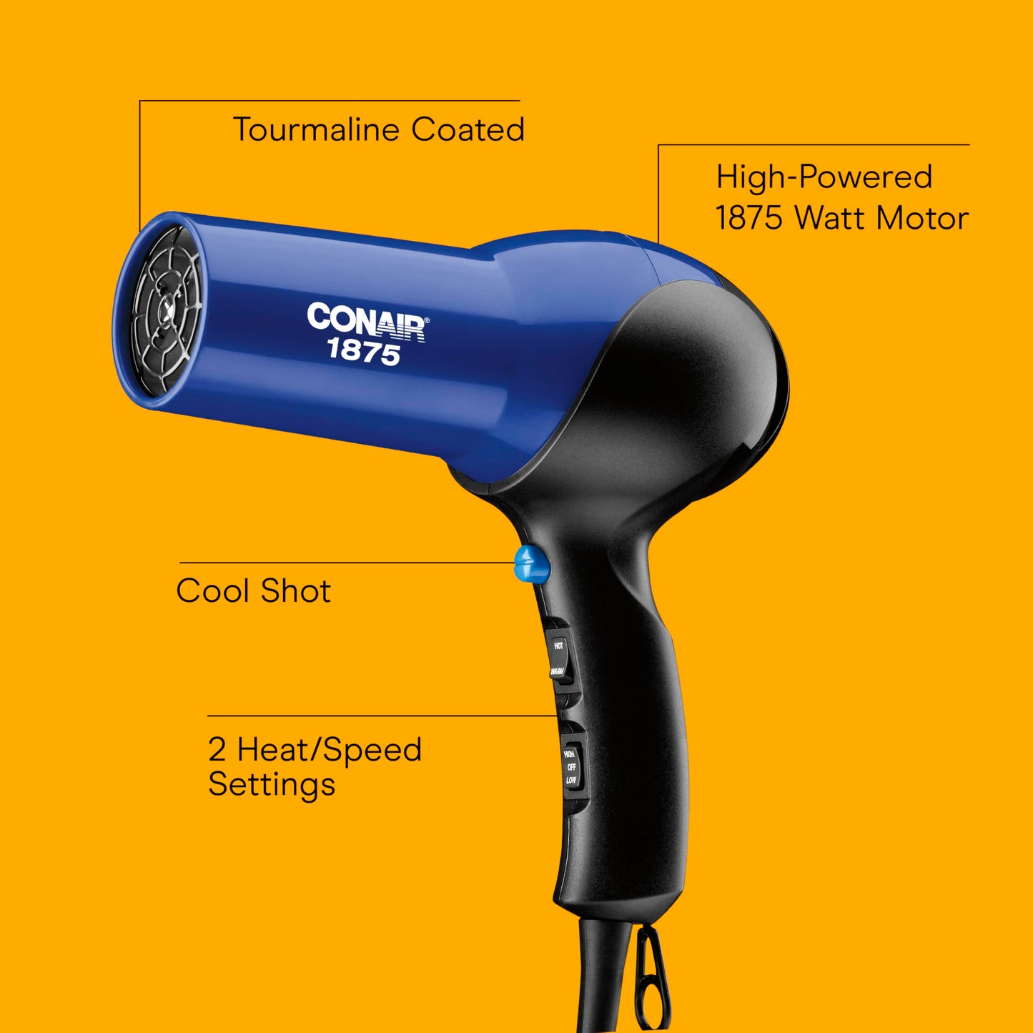 Conair 1875W blow dryer with diffuser attachment connected for curly hair styling