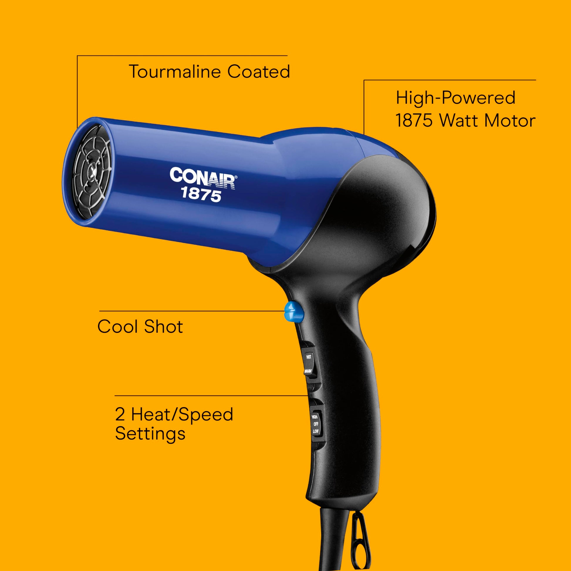 Conair 1875W blow dryer with diffuser attachment connected for curly hair styling