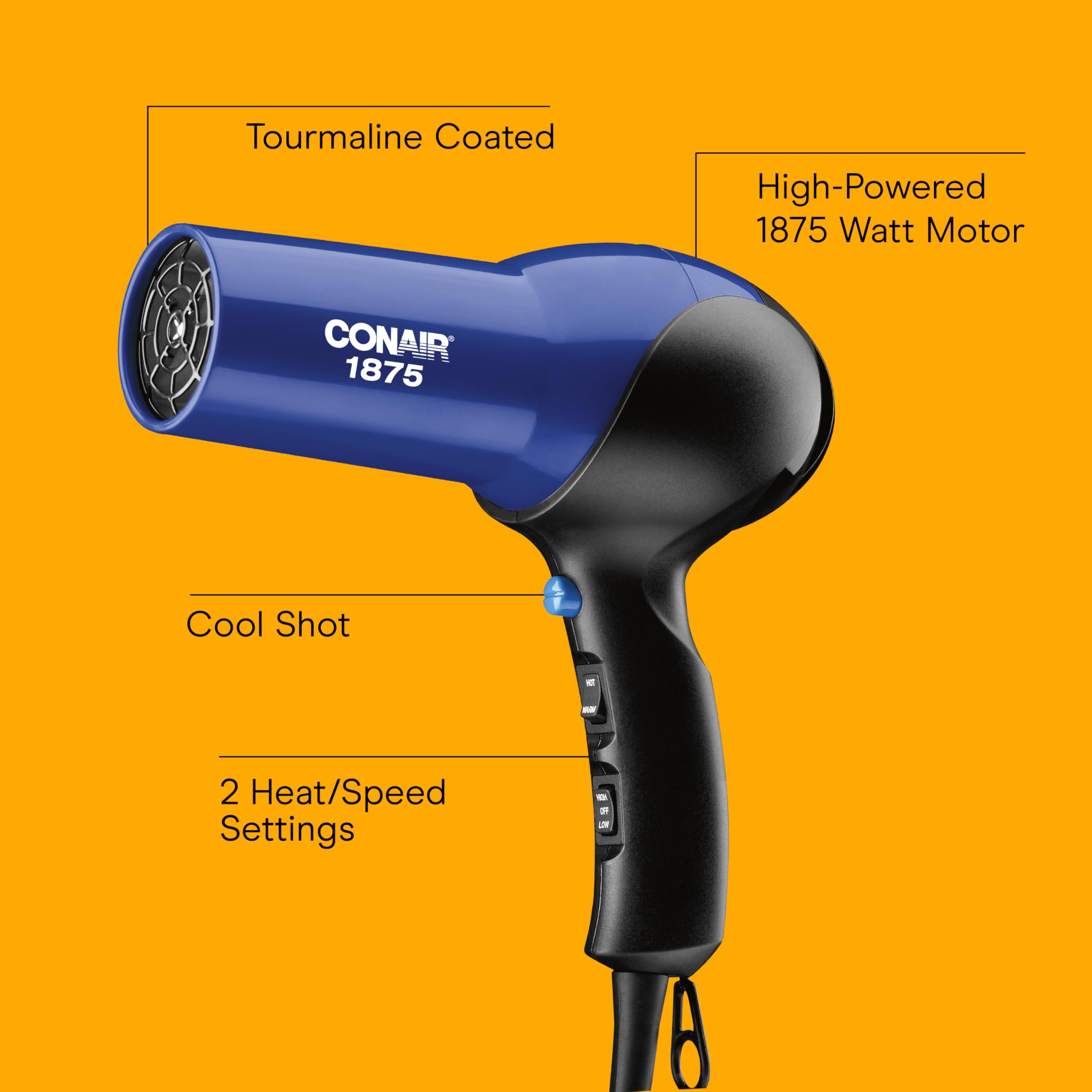 Conair 1875W blow dryer with diffuser attachment connected for curly hair styling