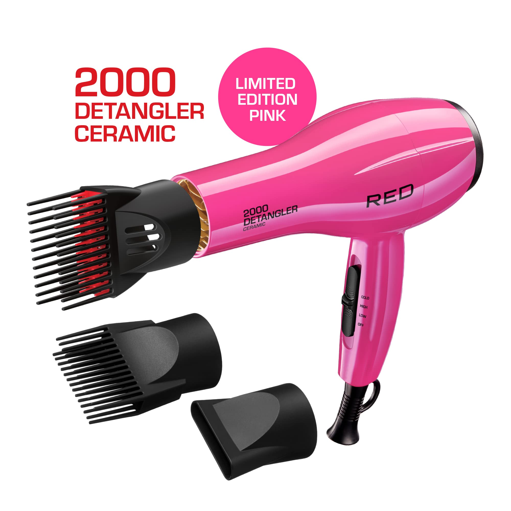 Red by Kiss professional hair dryer showing the side profile with the three heat setting switches.