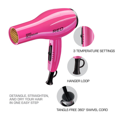 Pink ceramic blow dryer displayed with its included detangler pik attachments for textured hair styling.