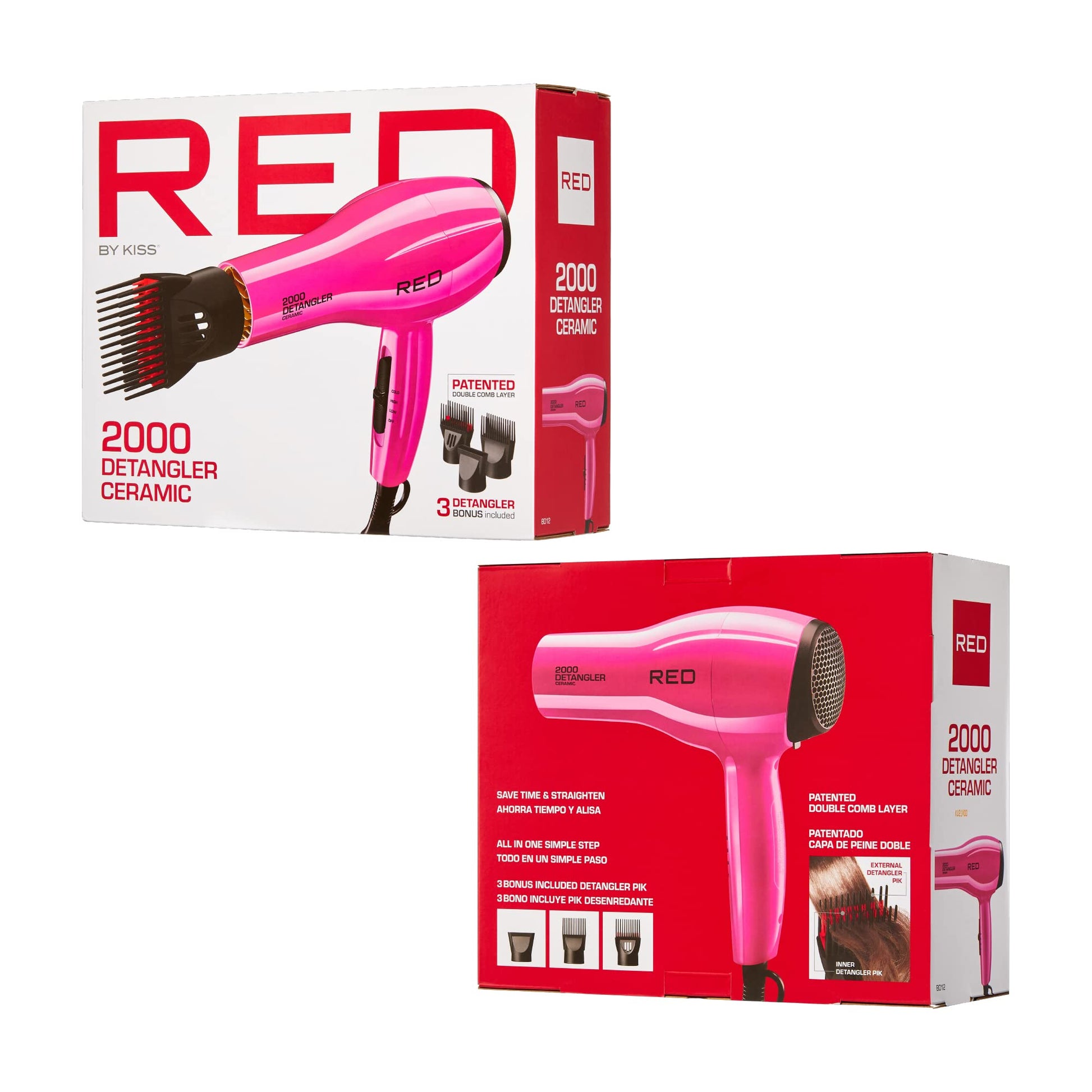 Red by Kiss pink hair dryer highlighting the convenient built in easy storage hanging loop.