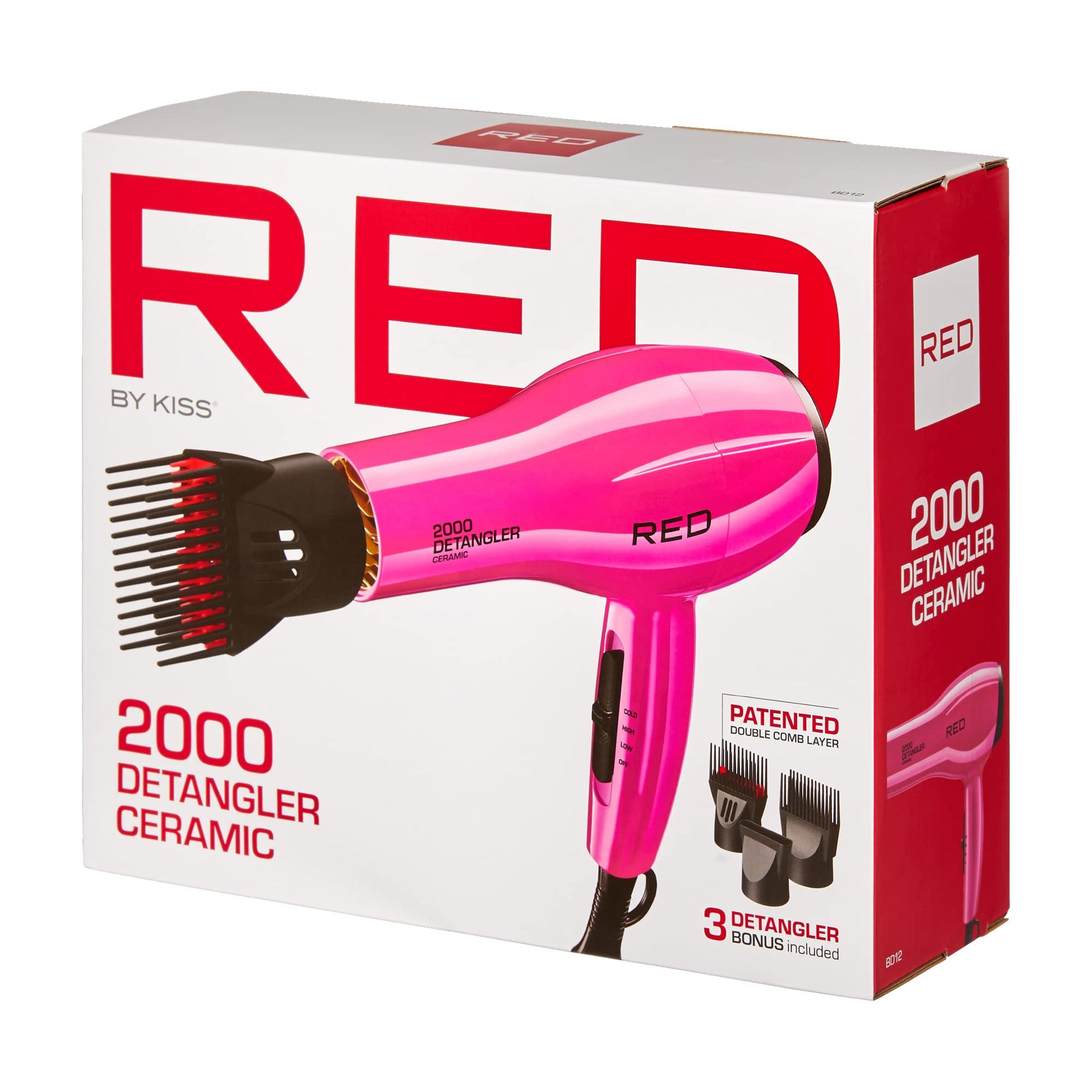 Full packaging view of the USA imported Red by Kiss 2000 watt detangler ceramic dryer.